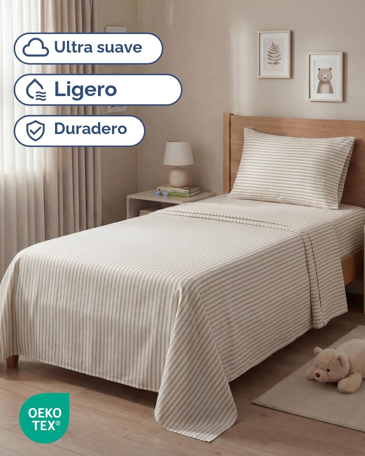 JUEGO DE SÁBANAS TWIN SIZE 3 PIEZAS MICROFIBRA BEIGE RAYAS - 2