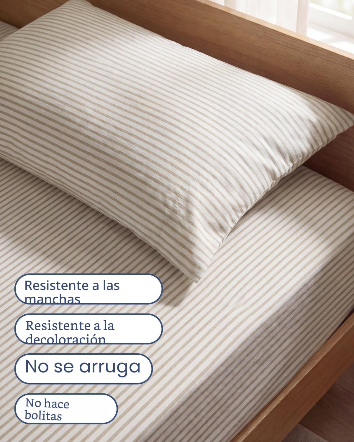 JUEGO DE SÁBANAS TWIN SIZE 3 PIEZAS MICROFIBRA BEIGE RAYAS - 5
