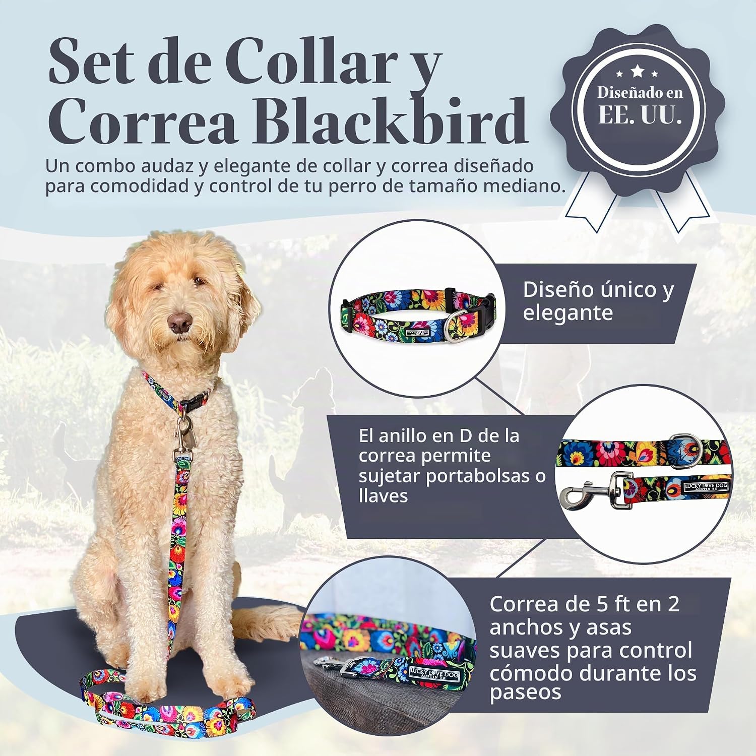 COLLAR Y CORREA LUCKY LOVE DOG BLACKBIRD PARA PERROS MEDIANOS - 2