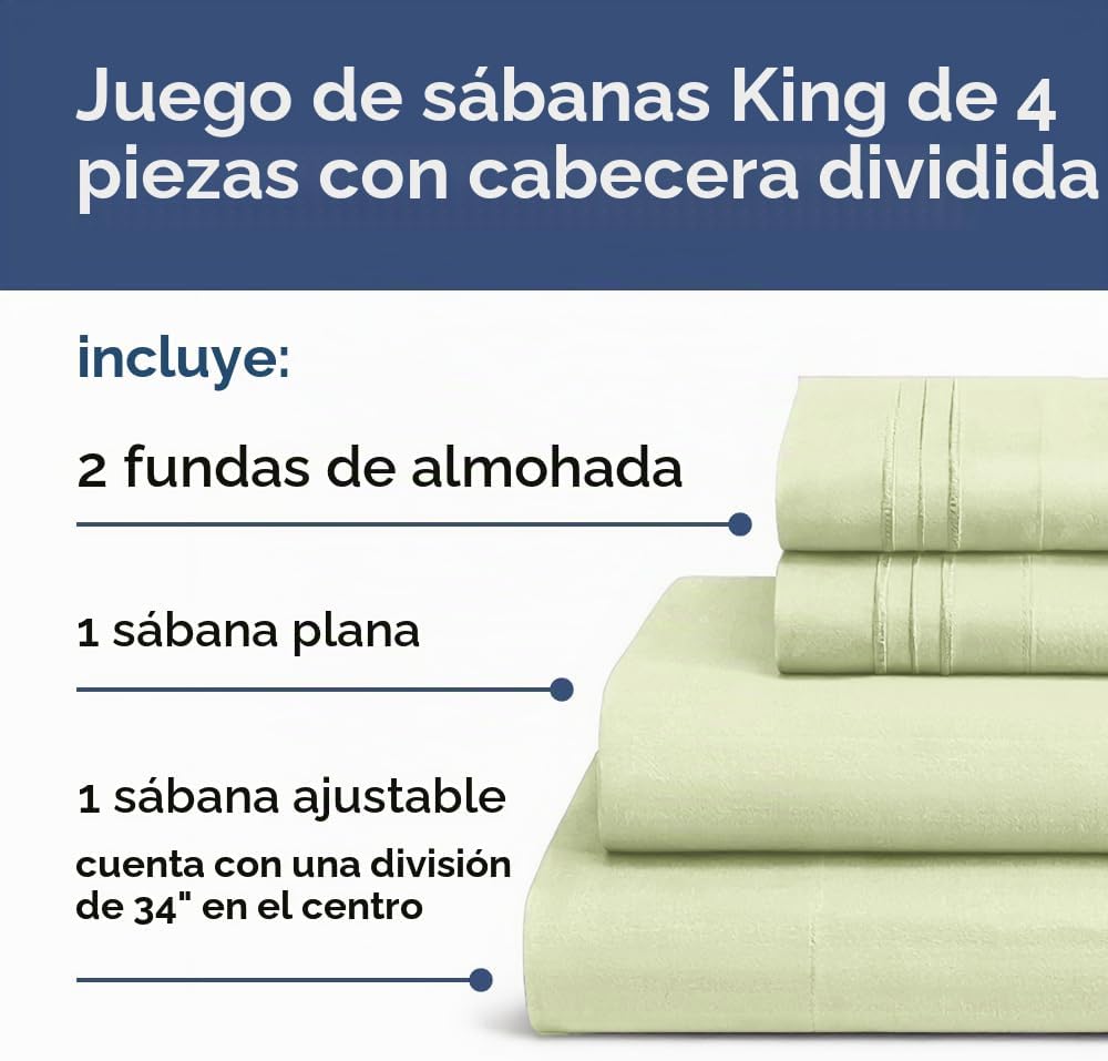JUEGO DE SÁBANAS SPLIT KING CGK UNLIMITED VERDE SALVIA 4 PIEZAS - 2