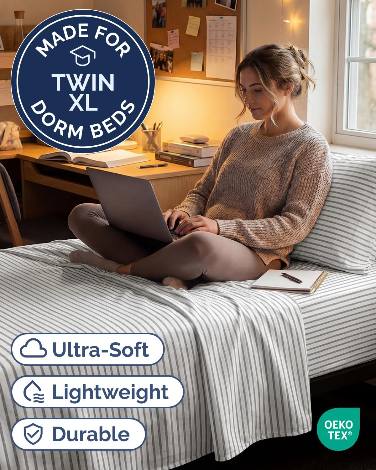 JUEGO DE SÁBANAS TWIN XL 3 PIEZAS MICROFIBRA GRIS A RAYAS - 2