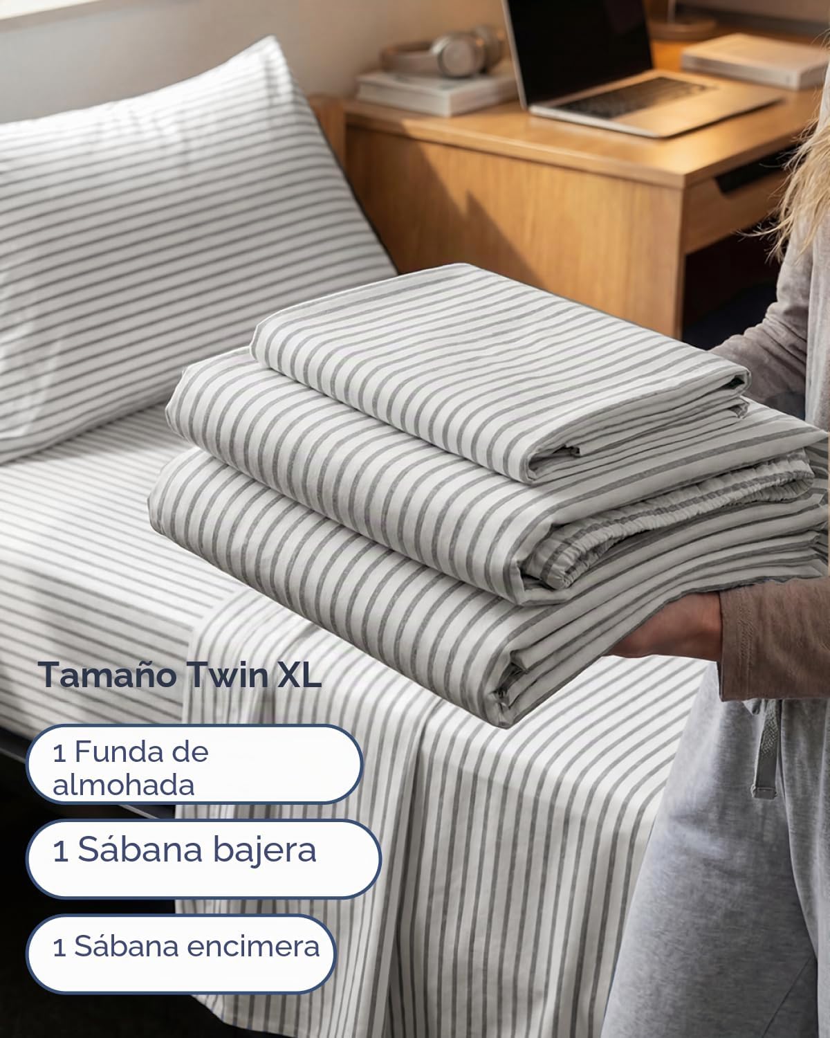 JUEGO DE SÁBANAS TWIN XL 3 PIEZAS MICROFIBRA GRIS A RAYAS - 3