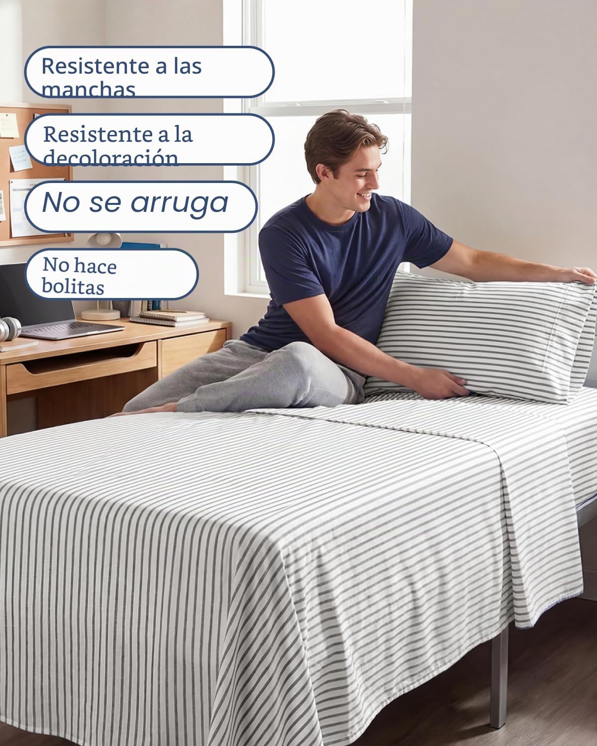 JUEGO DE SÁBANAS TWIN XL 3 PIEZAS MICROFIBRA GRIS A RAYAS - 5