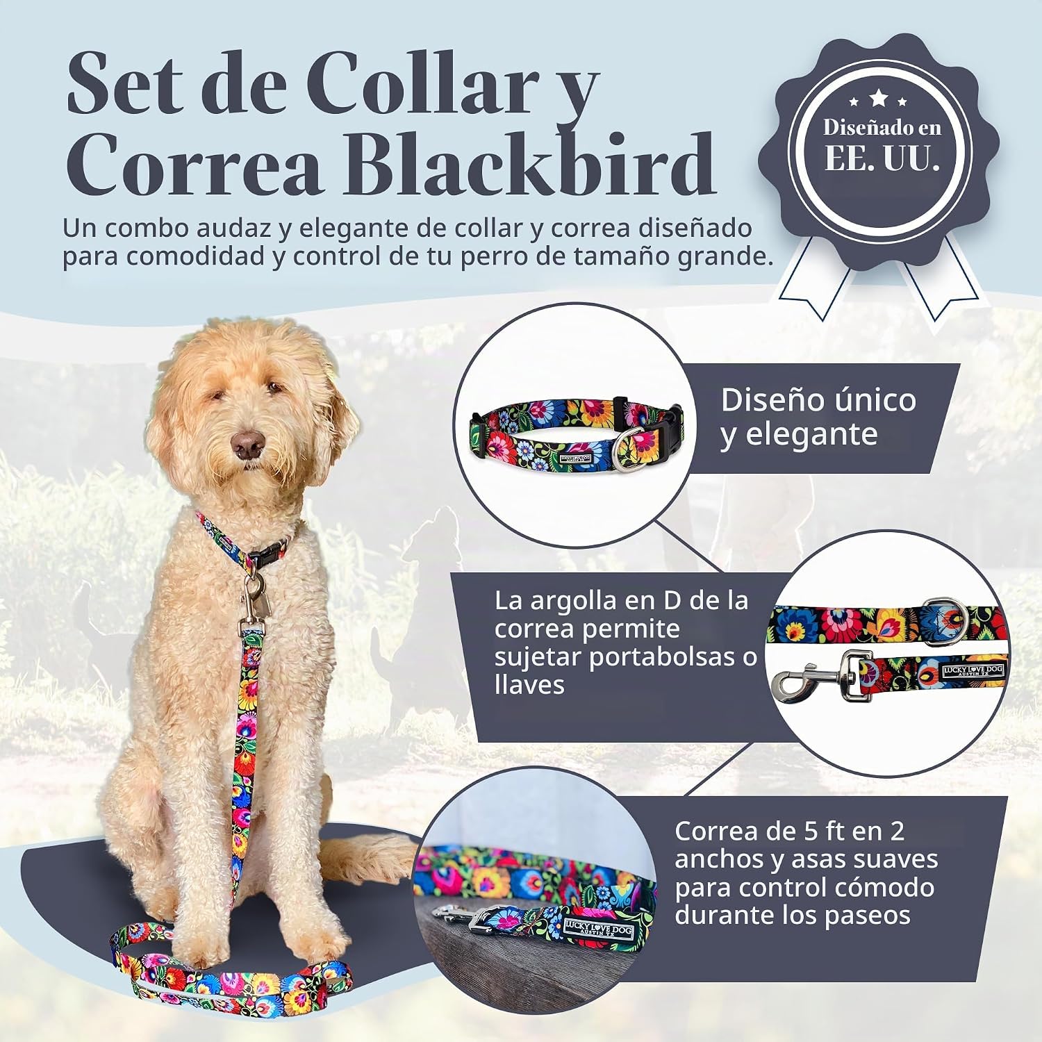 COLLAR Y CORREA LUCKY LOVE DOG BLACKBIRD PARA PERROS GRANDES - 2