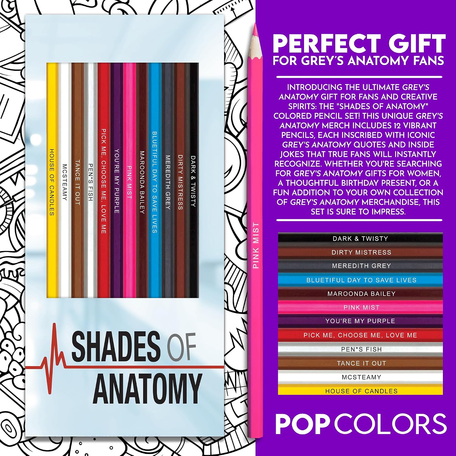 JUEGO DE LÁPICES DE COLORES GREY'S ANATOMY CON ESTAMPADO EN LÁMINA DORADA, 12 PIEZAS - 4