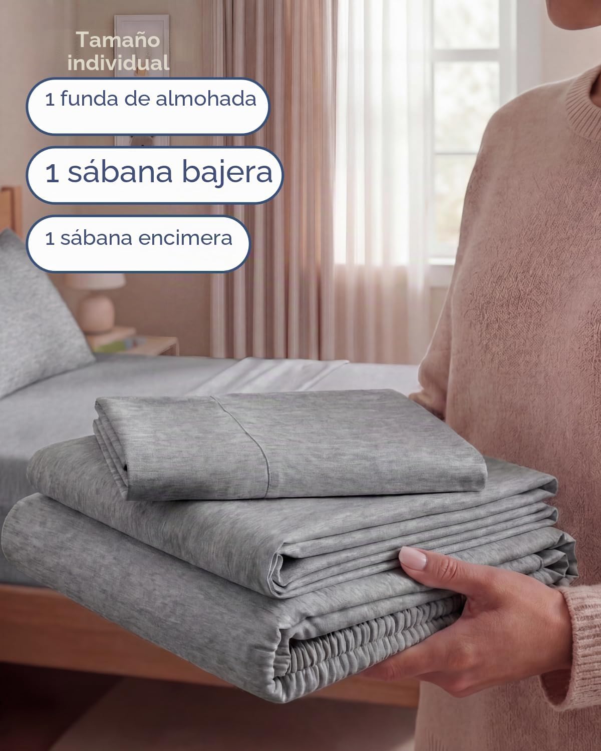 JUEGO DE SÁBANAS TWIN SIZE 3 PIEZAS MICROFIBRA GRIS JASPEADO - 3