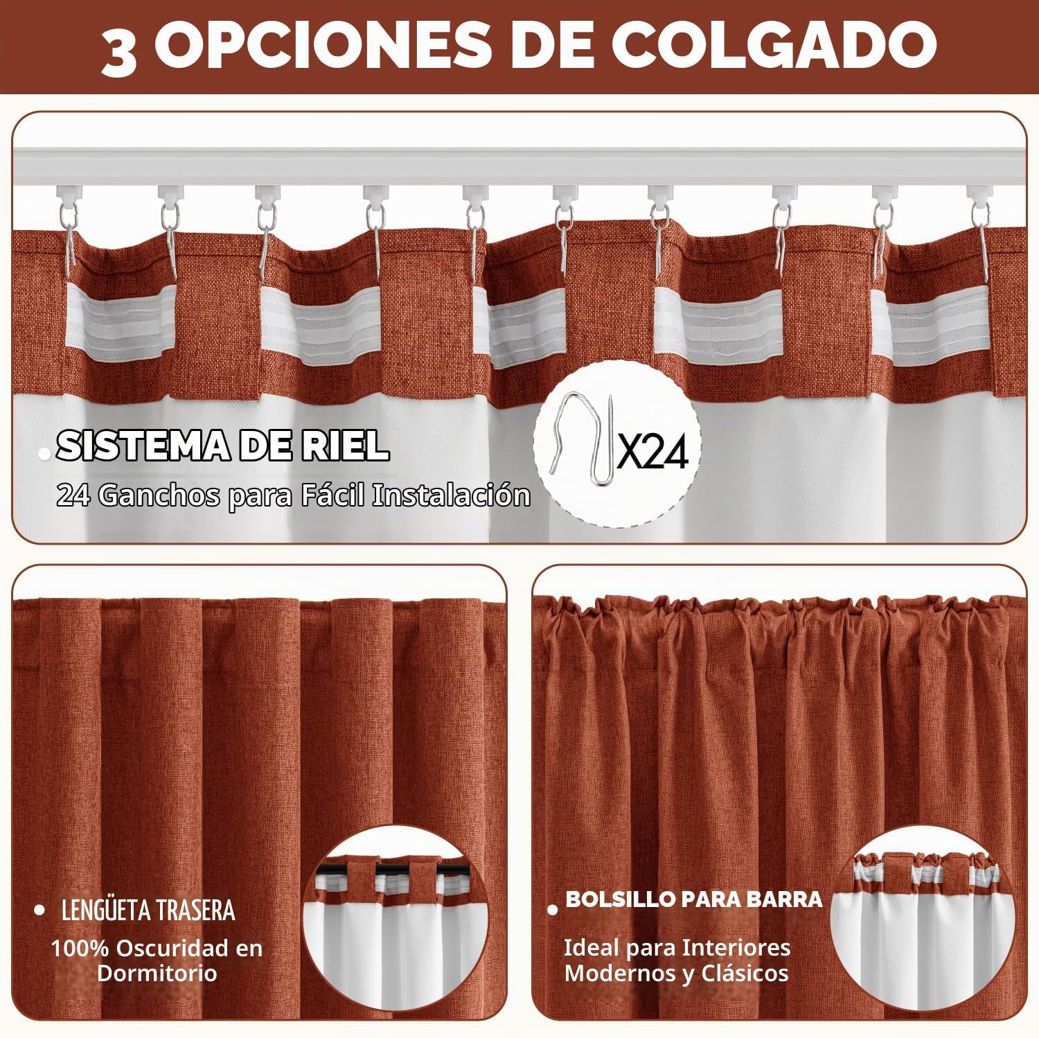 CORTINA DE TELA MIULEE FALL 100% BLACKOUT LINEN 40 X 96 PULGADAS TERRACOTA - 5