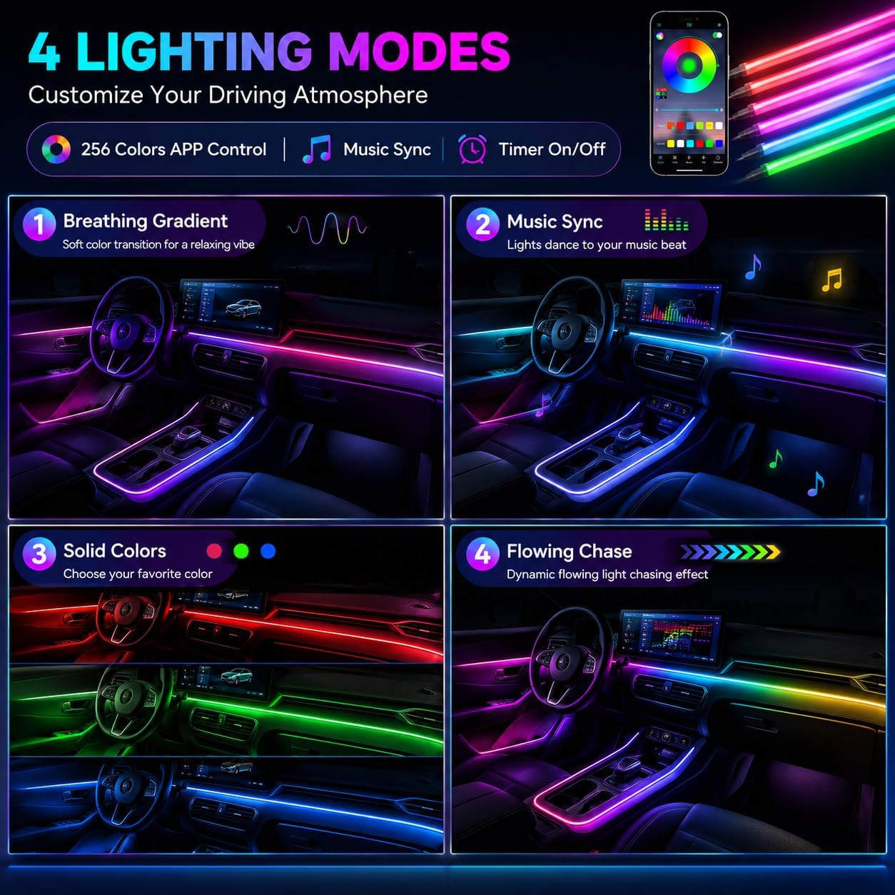 CINTA LED RGB PARA AUTO CON CONTROL POR APP Y MODOS DE LUZ SINCRONIZADA - 2
