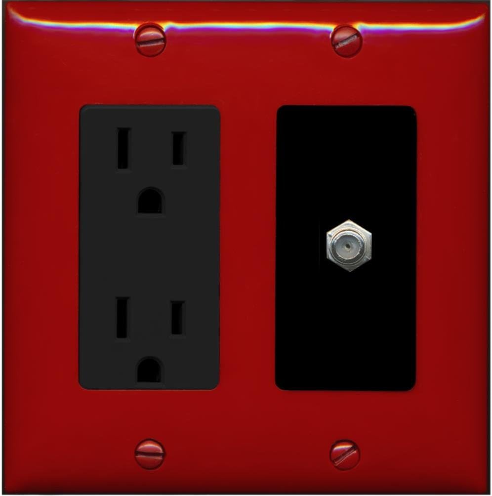 PLACA DE PARED RITEAV CON TOMA DE CORRIENTE 15 AMP Y PUERTO COAXIAL F-TYPE ROJO Y NEGRO - 1