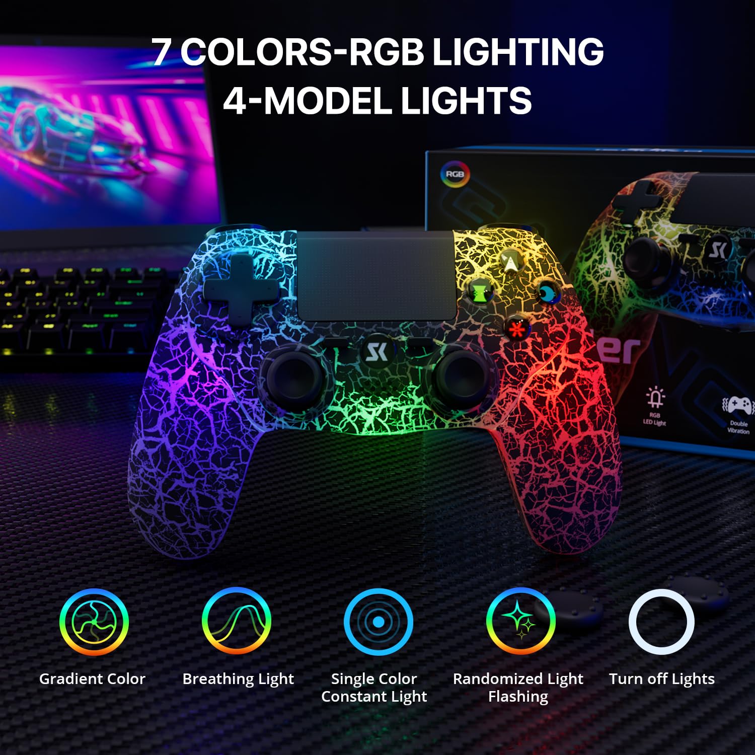 CONTROL INALÁMBRICO ISHAKO PARA PS4 NEGRO CON LUZ RGB AJUSTABLE - 2