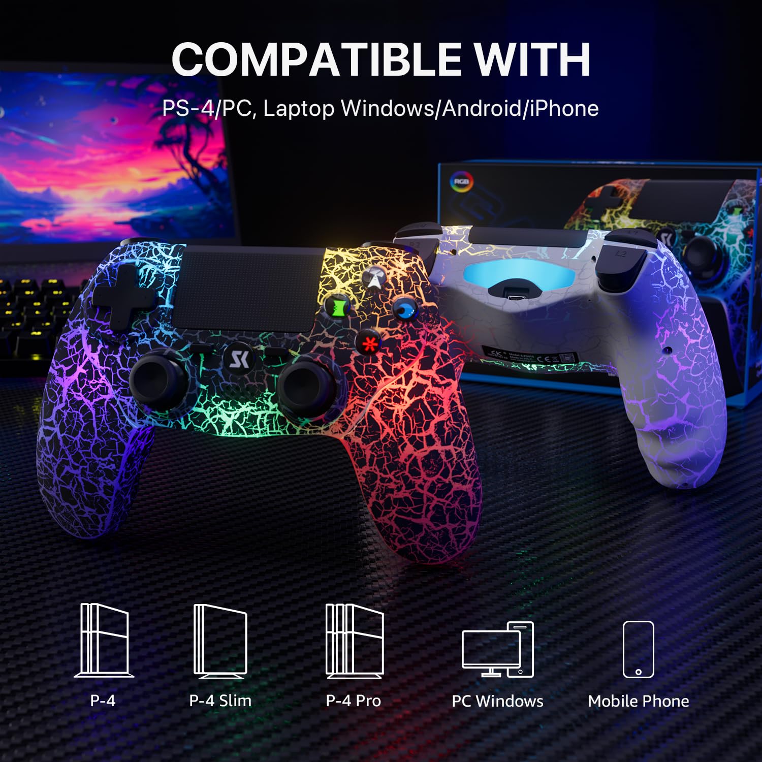 CONTROL INALÁMBRICO ISHAKO PARA PS4 NEGRO CON LUZ RGB AJUSTABLE - 3