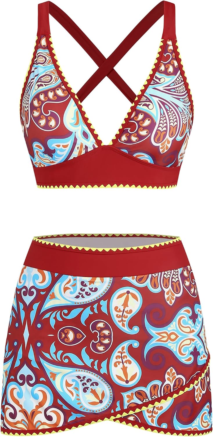 BIKINI ZAFUL DE DOS PIEZAS CON FALDA CINTURA ALTA ROJO BOHO - 5