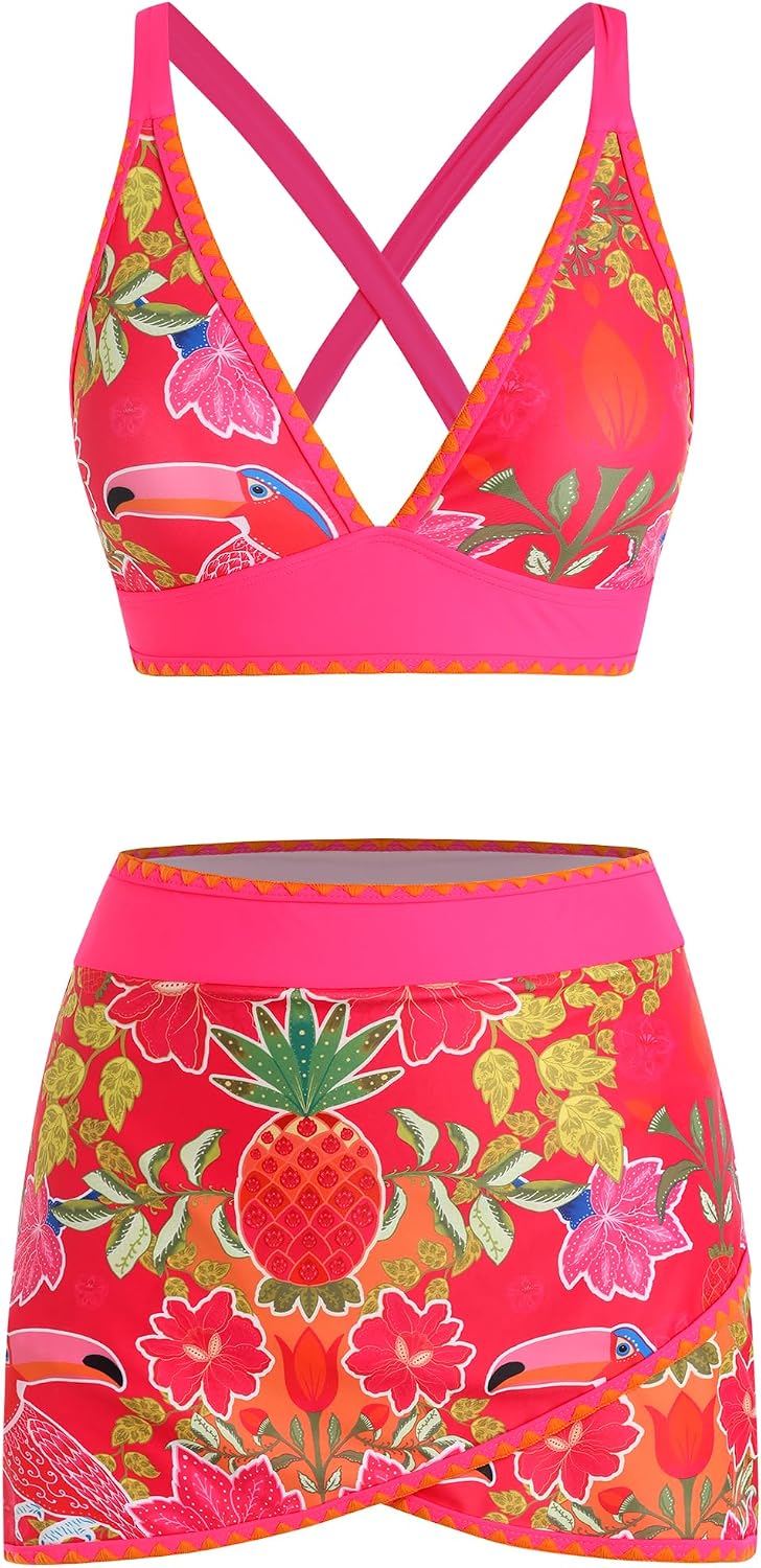 BIKINI DE DOS PIEZAS ZAFUL CINTURA ALTA CON FALDA ROSA ROJO - 3