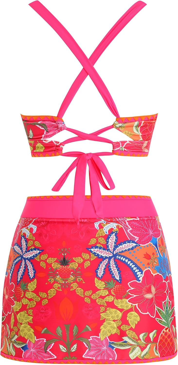 BIKINI DE DOS PIEZAS ZAFUL CINTURA ALTA CON FALDA ROSA ROJO - 4