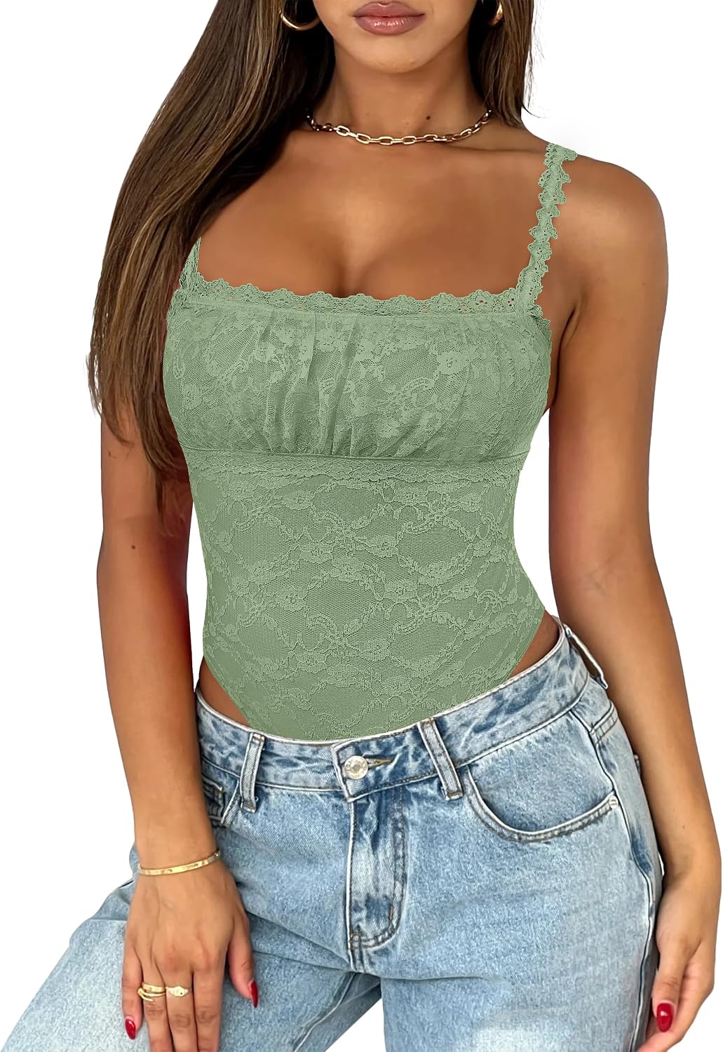 BODY SASLAX CUELLO CUADRADO ENCAJE SIN MANGAS VERDE OLIVA TALLA M - 1