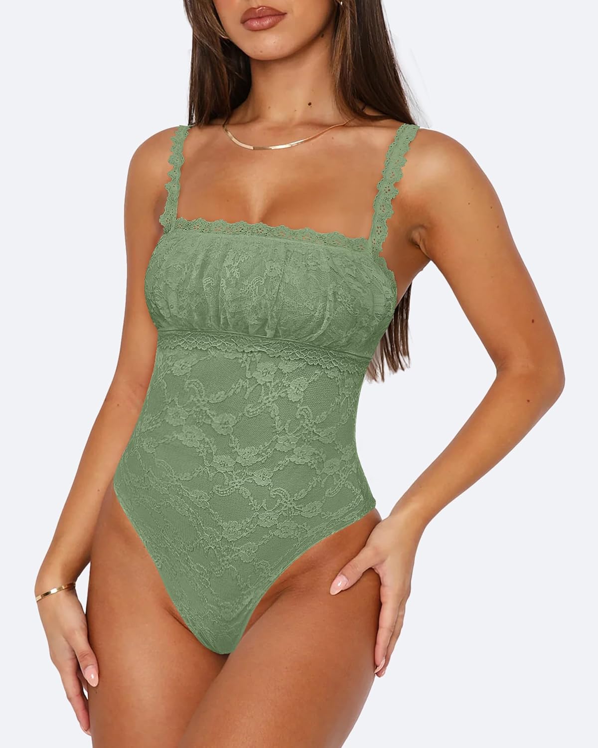 BODY SASLAX CUELLO CUADRADO ENCAJE SIN MANGAS VERDE OLIVA TALLA M - 2
