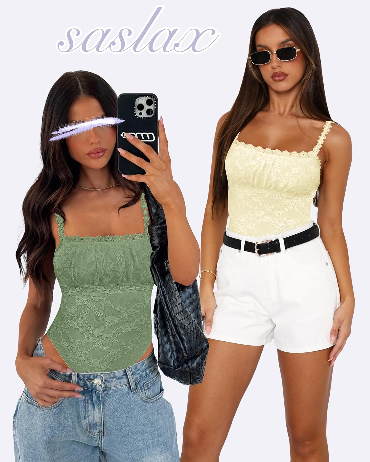 BODY SASLAX CUELLO CUADRADO ENCAJE SIN MANGAS VERDE OLIVA TALLA M - 3