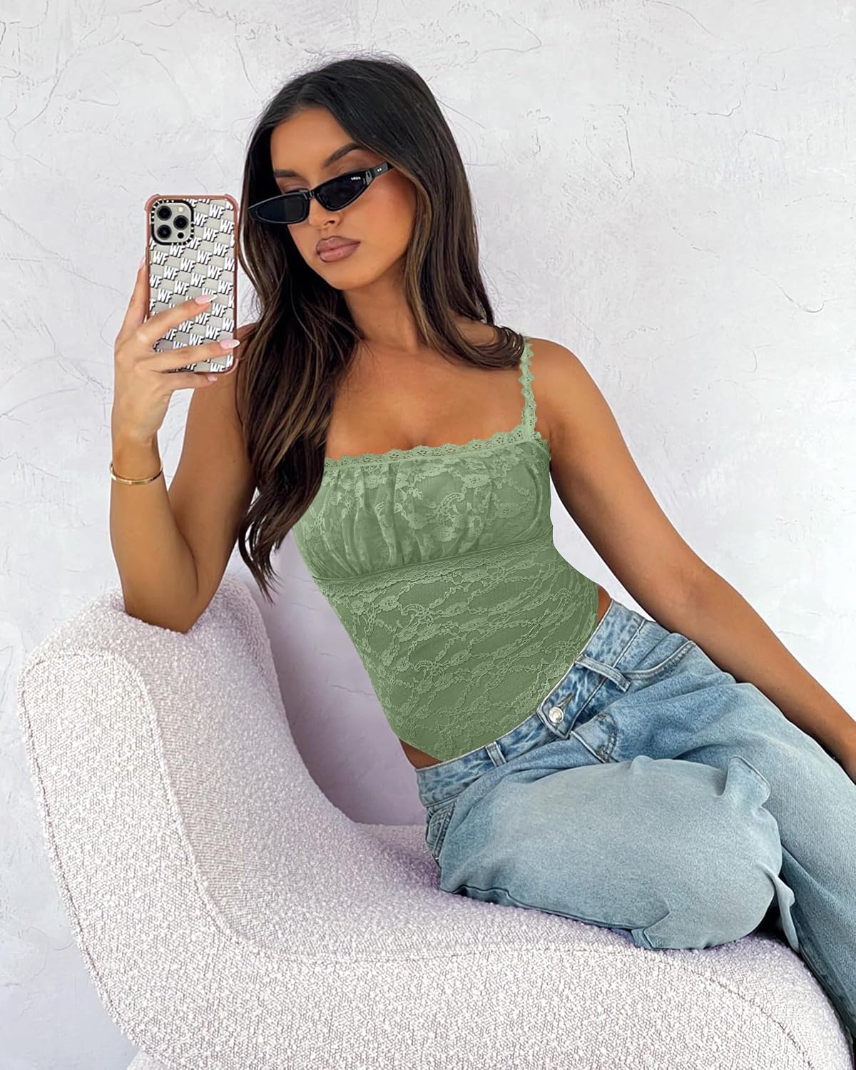 BODY SASLAX CUELLO CUADRADO ENCAJE SIN MANGAS VERDE OLIVA TALLA M - 5