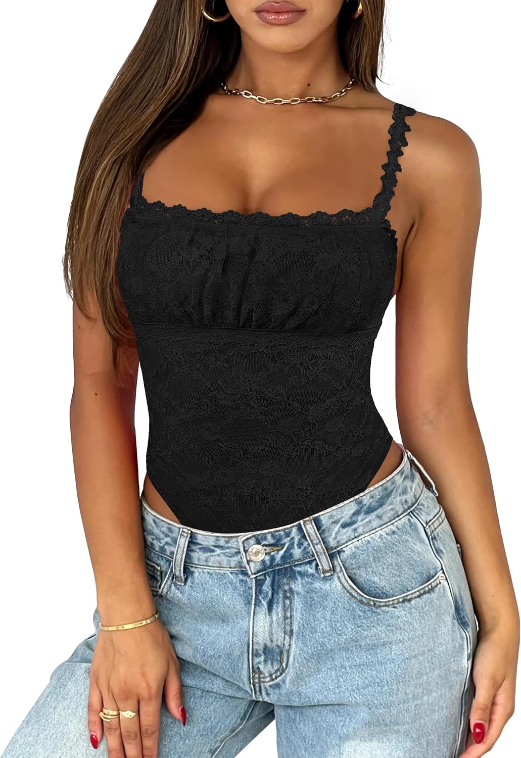 BODY SASLAX ENCAJE CUELLO CUADRADO SIN MANGAS NEGRO TALLA XXL - 1