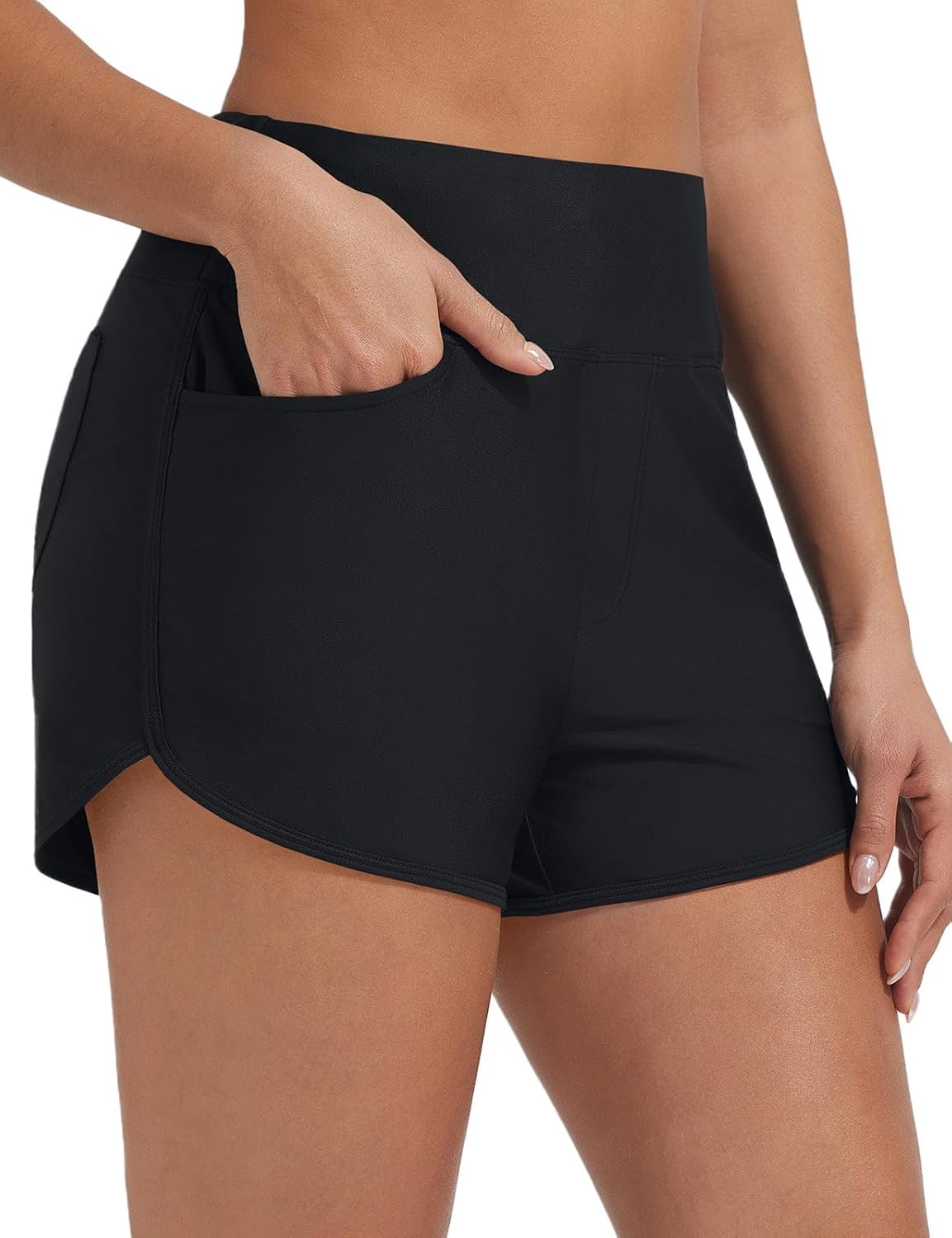 PANTALONES CORTOS DE BAÑO BALEAF MUJER 3 PULGADAS CINTURA ALTA NEGRO TALLA XL - 1