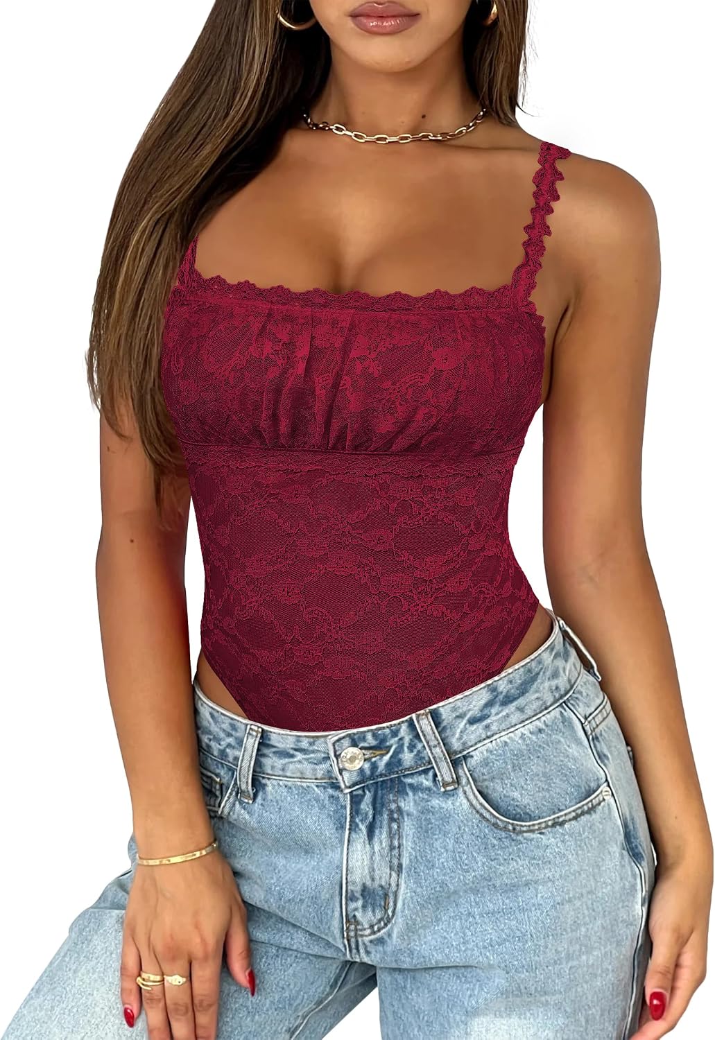 BODY SASLAX CUELLO CUADRADO ENCAJE SIN MANGAS TALLA M BURDEO - 1