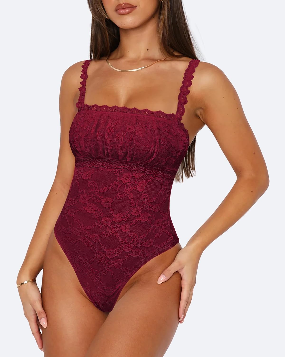 BODY SASLAX CUELLO CUADRADO ENCAJE SIN MANGAS TALLA M BURDEO - 2