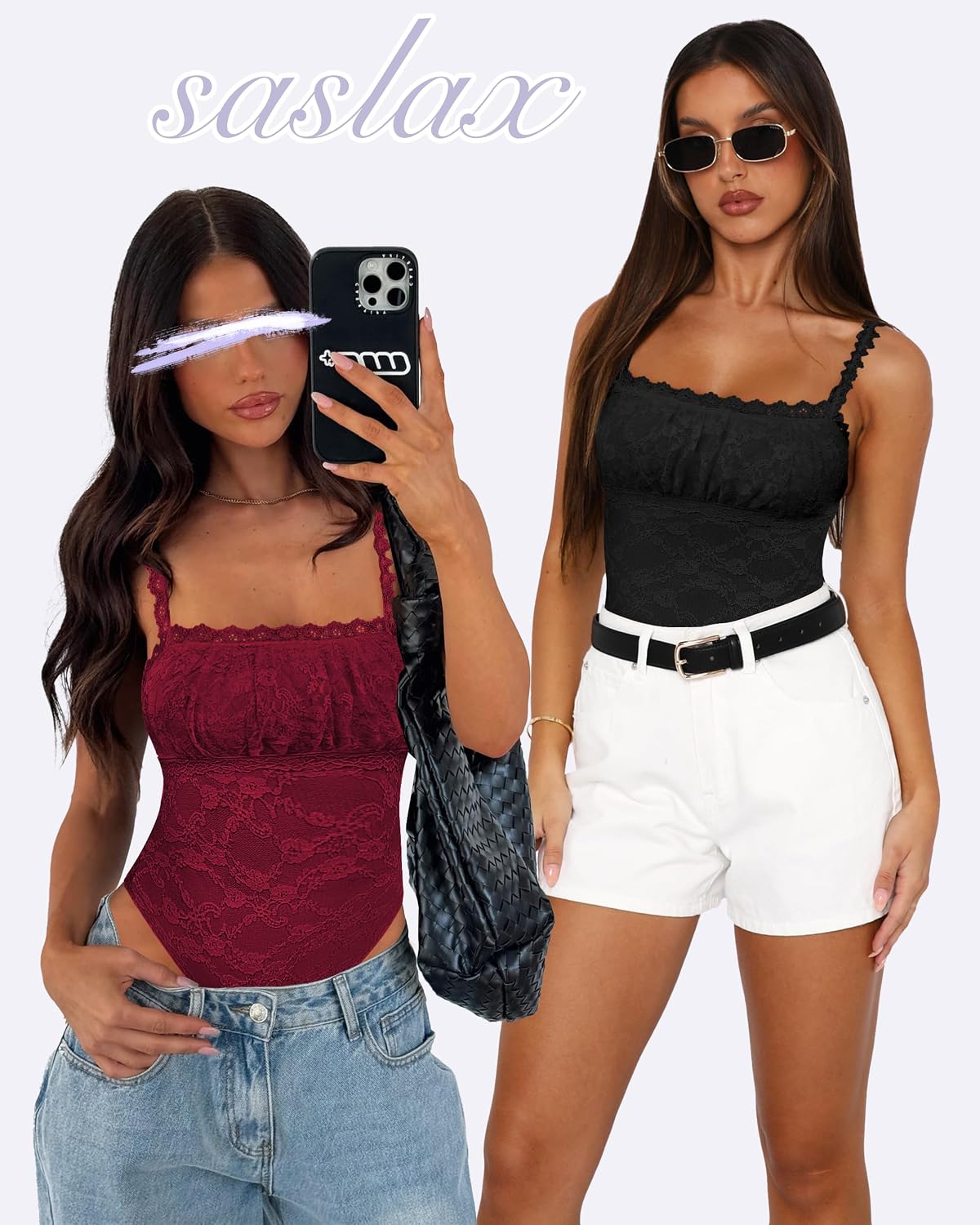 BODY SASLAX CUELLO CUADRADO ENCAJE SIN MANGAS TALLA M BURDEO - 3