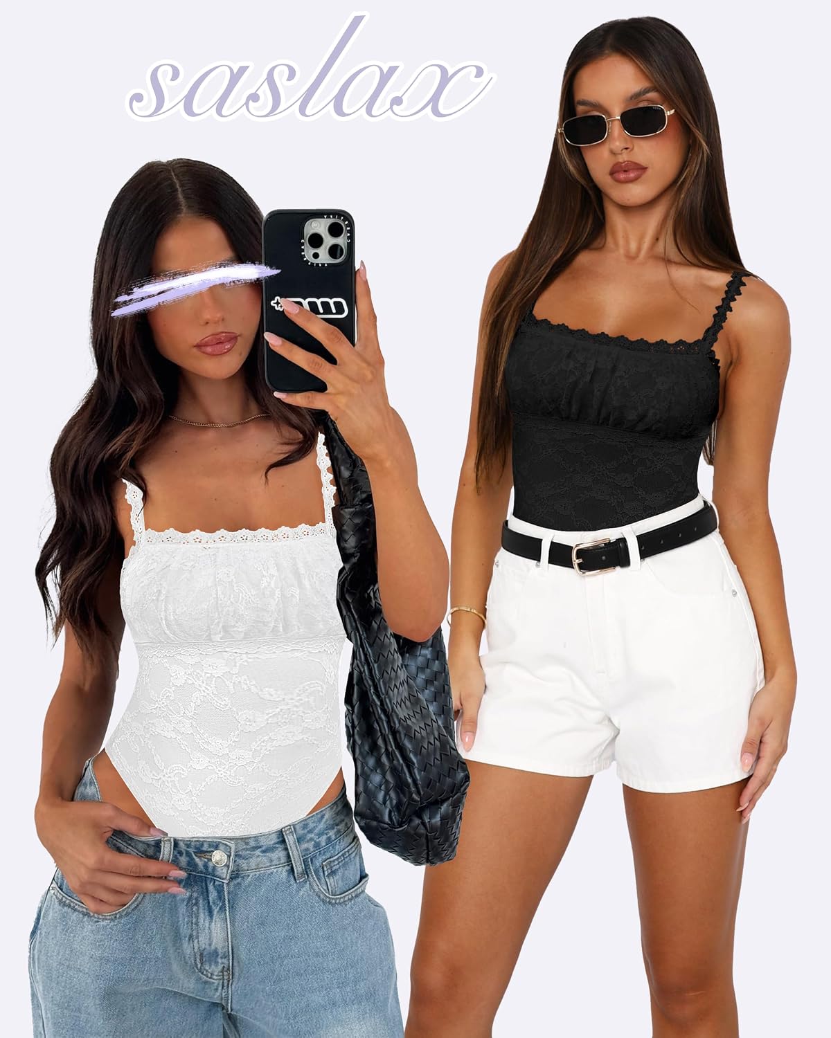 BODY SASLAX ENCAJE CUELLO CUADRADO SIN MANGAS BLANCO TALLA S - 3