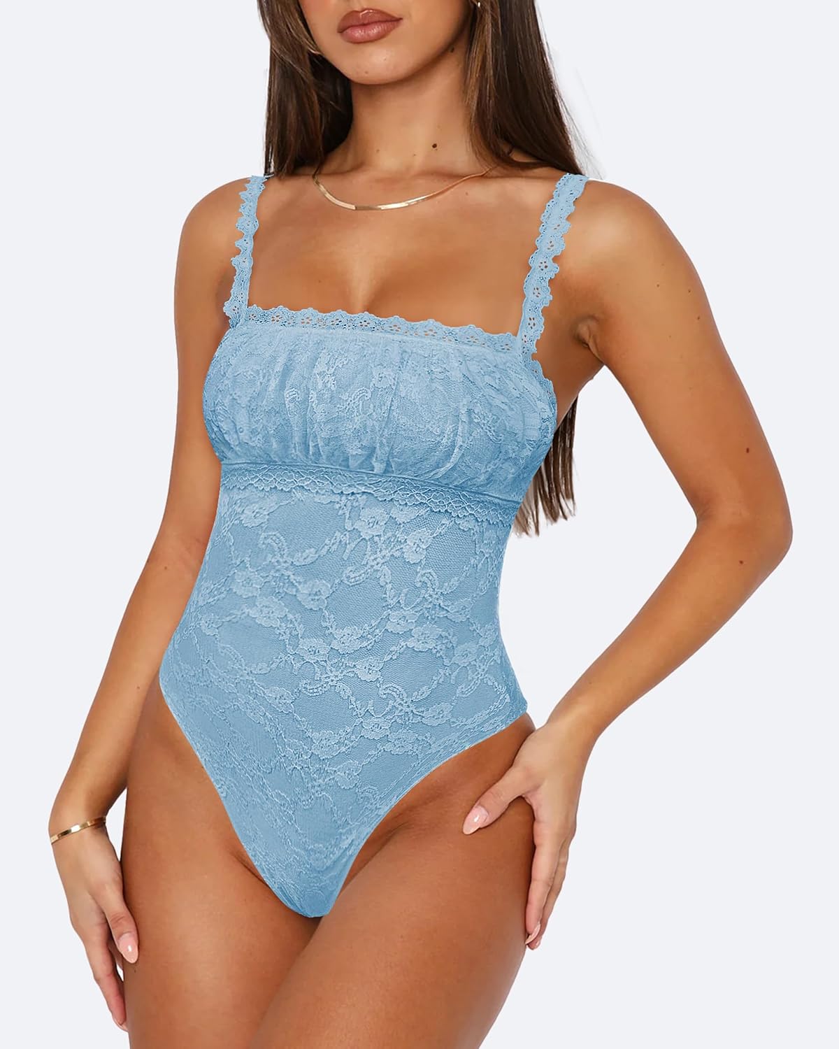BODY SASLAX CUELLO CUADRADO ENCAJE SIN MANGAS AZUL CLARO TALLA GRANDE - 2