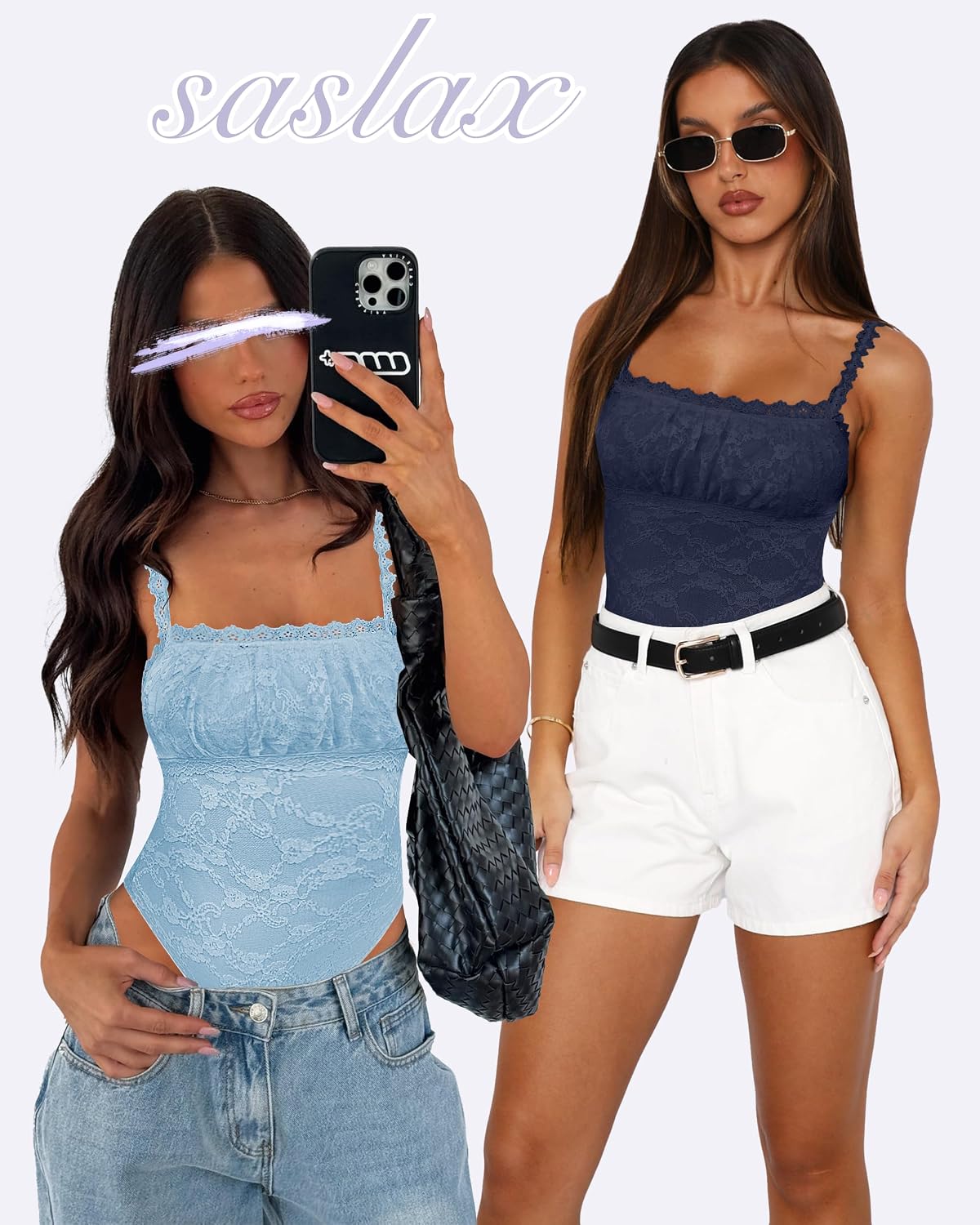 BODY SASLAX CUELLO CUADRADO ENCAJE SIN MANGAS AZUL CLARO TALLA GRANDE - 3