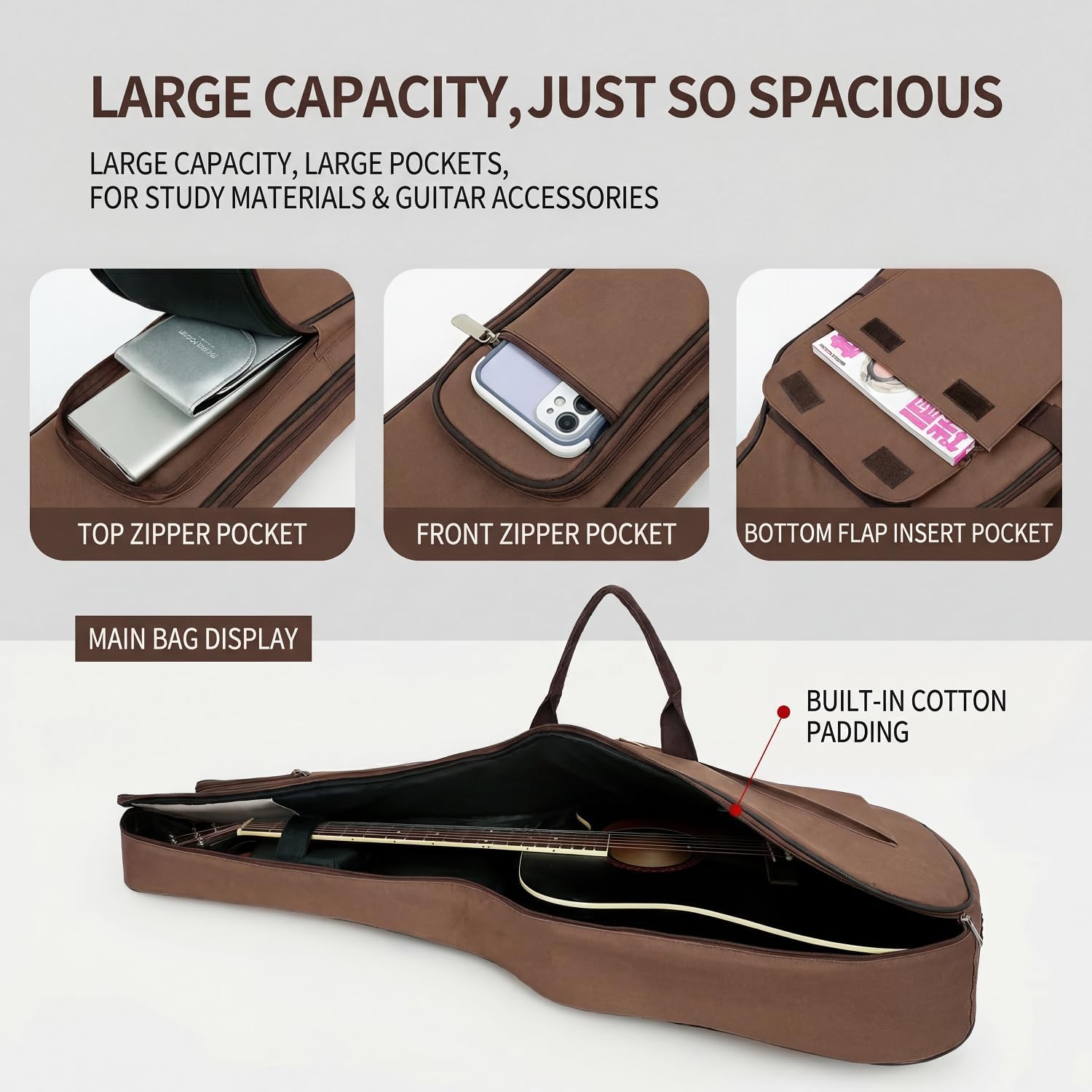 FUNDA PARA GUITARRA ACÚSTICA DE 41 PULGADAS CALLPIONEER MARRÓN CON ACOLCHADO REFORZADO - 2
