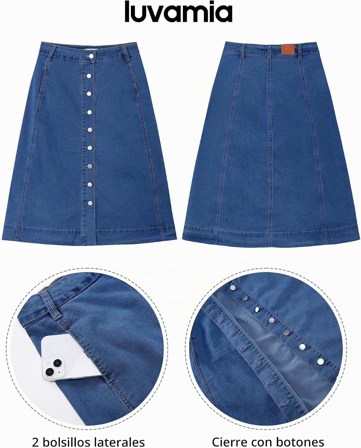 FALDA JEAN LUVAMIA MIDI A LINE BOTONES CINTURA ALTA - 5