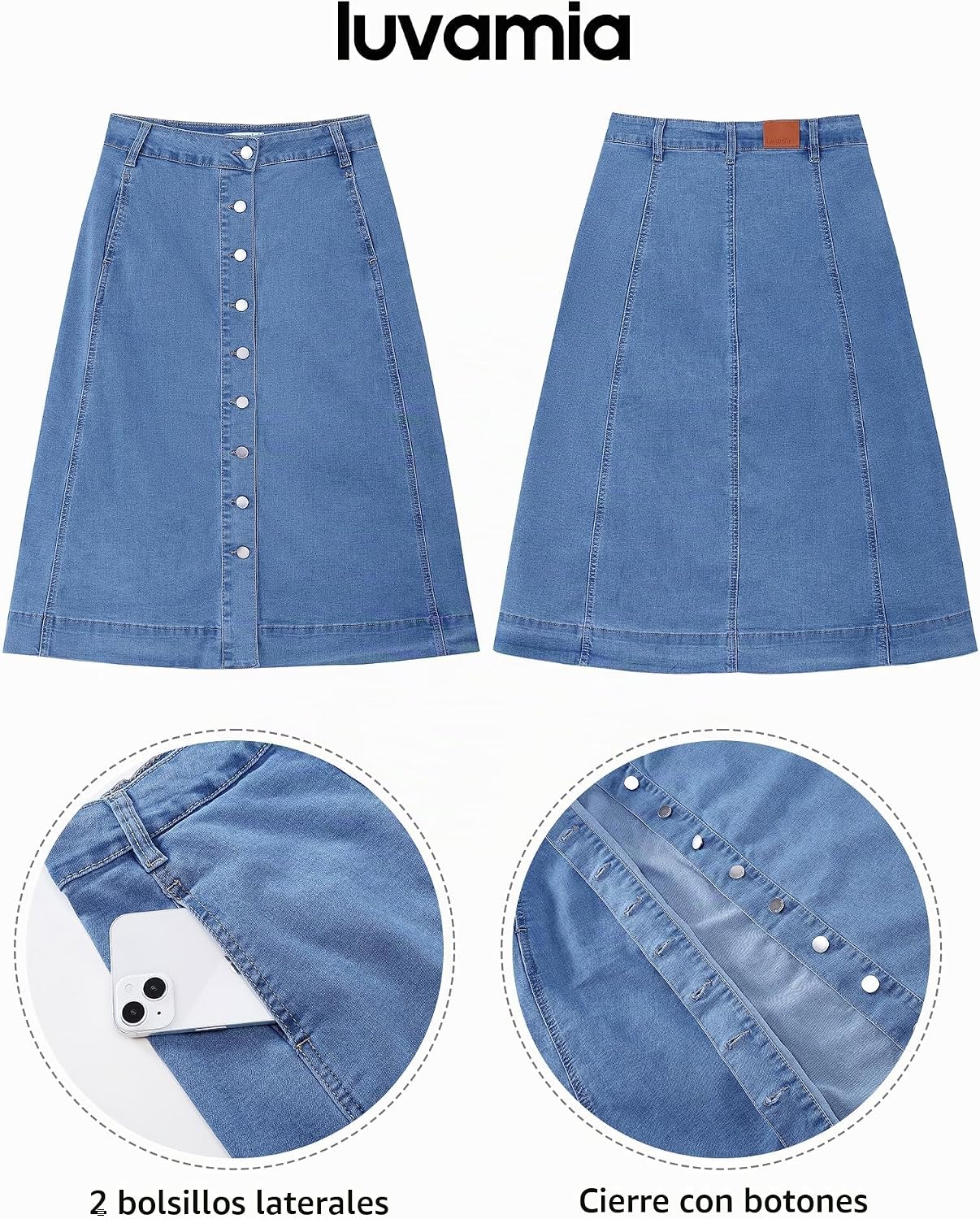 FALDA JEAN LUVAMIA MIDI A-LINE BOTONES CINTURA ALTA - 4