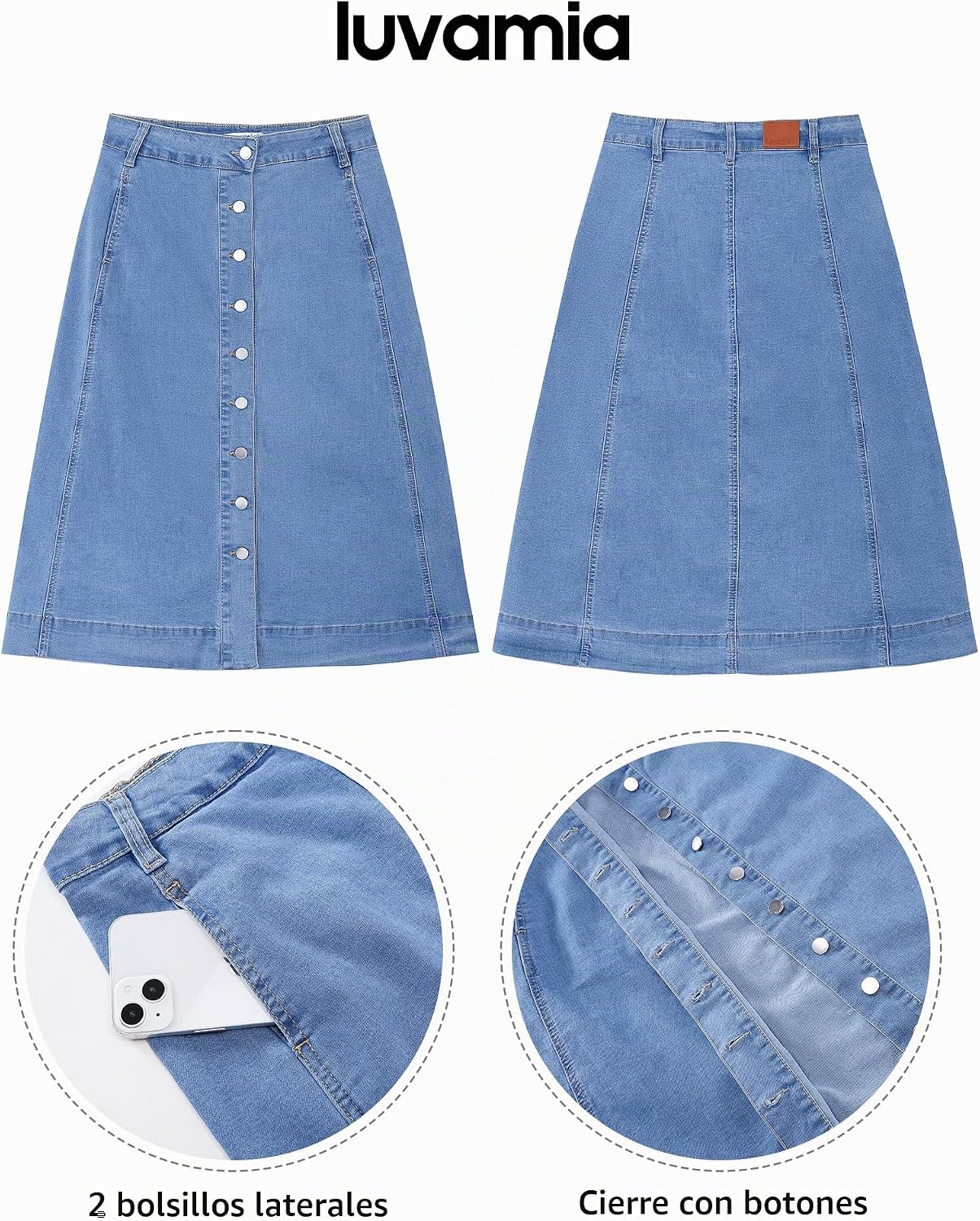 FALDA JEAN LUVAMIA MIDI A-LINE BOTONES CINTURA ALTA - 4