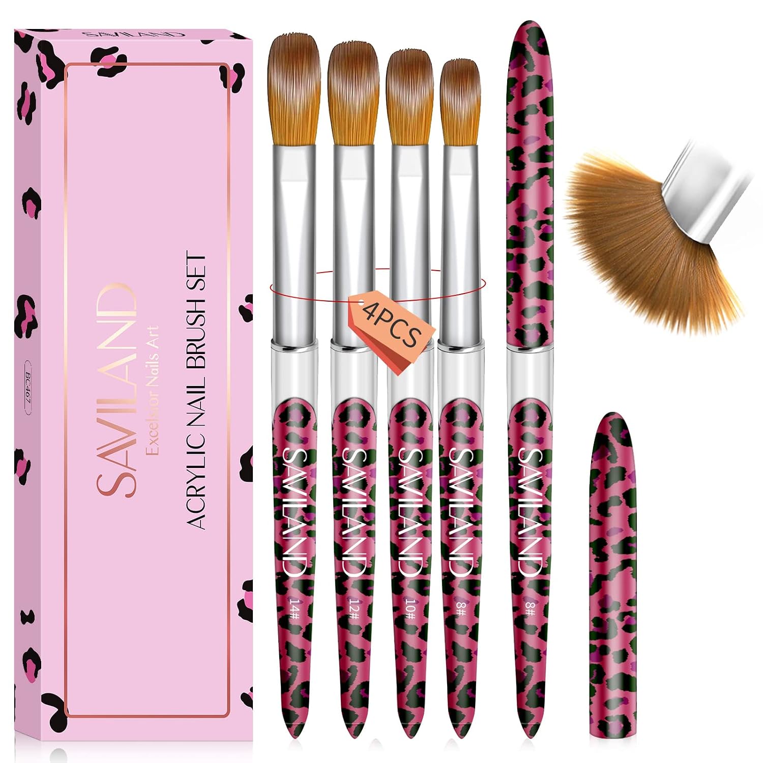 SET DE 4 BROCHAS PARA UÑAS ACRÍLICAS SAVILAND KOLINSKY TALLAS 8/10/12/14 ESTAMPADO LEOPARDO - 1