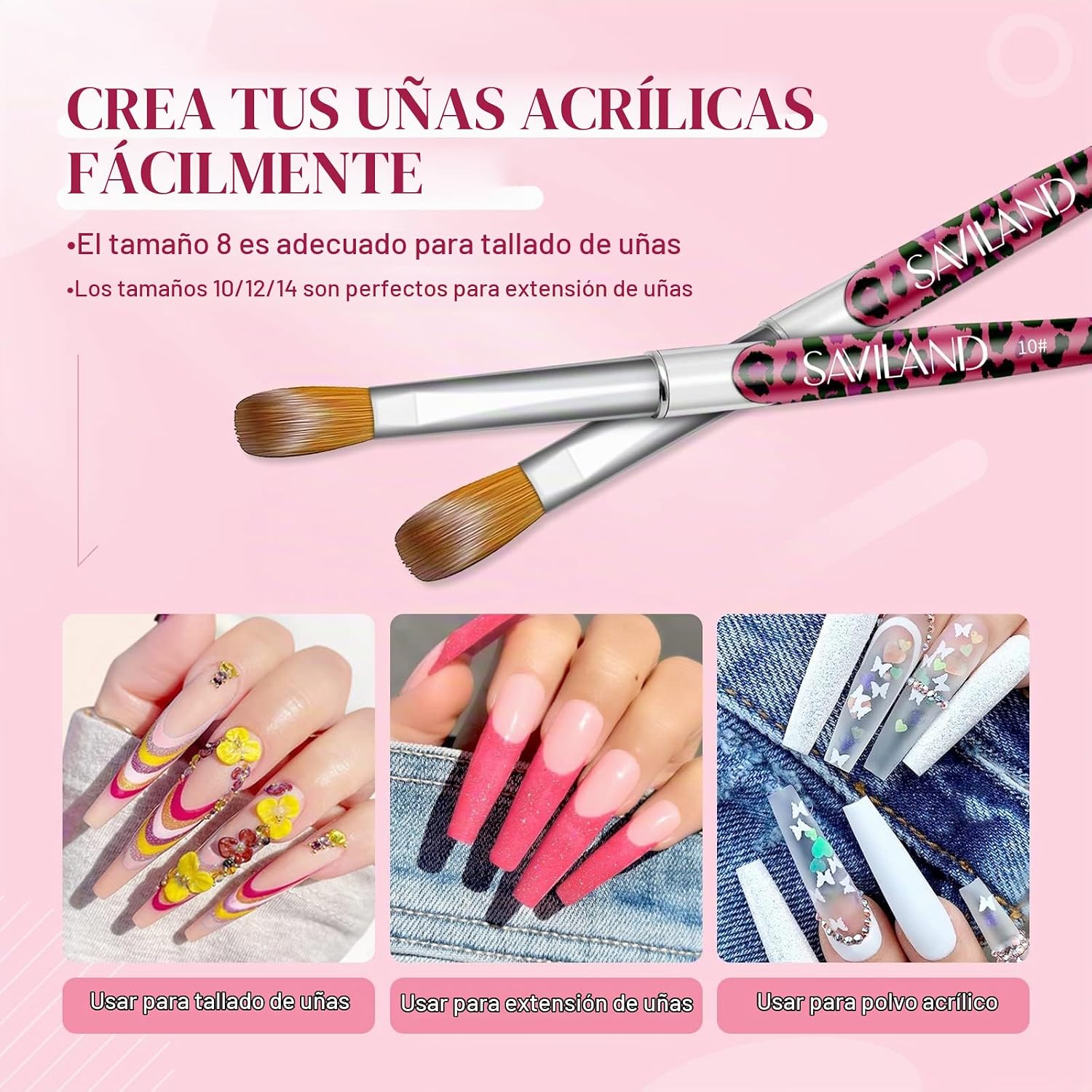 SET DE 4 BROCHAS PARA UÑAS ACRÍLICAS SAVILAND KOLINSKY TALLAS 8/10/12/14 ESTAMPADO LEOPARDO - 3