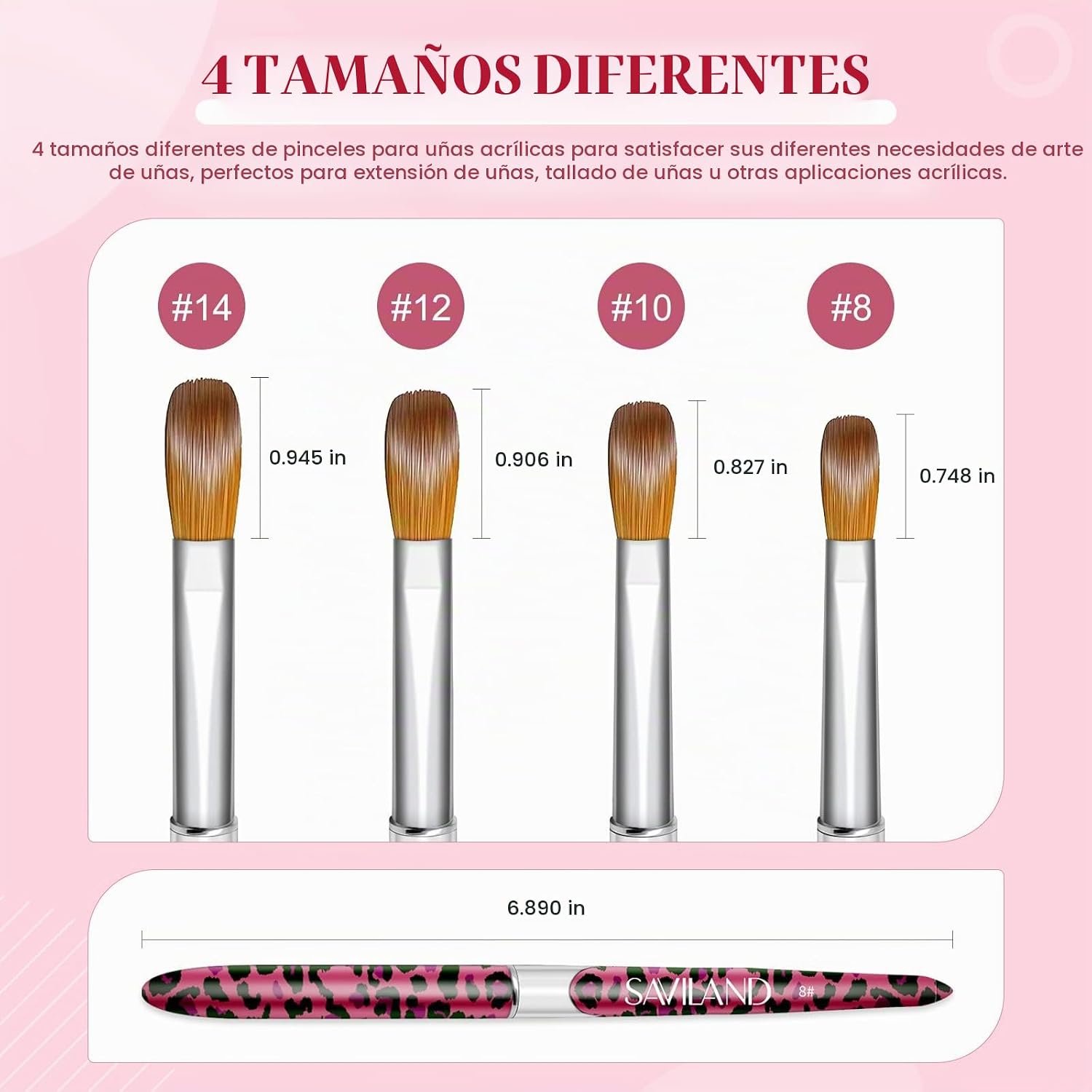 SET DE 4 BROCHAS PARA UÑAS ACRÍLICAS SAVILAND KOLINSKY TALLAS 8/10/12/14 ESTAMPADO LEOPARDO - 4