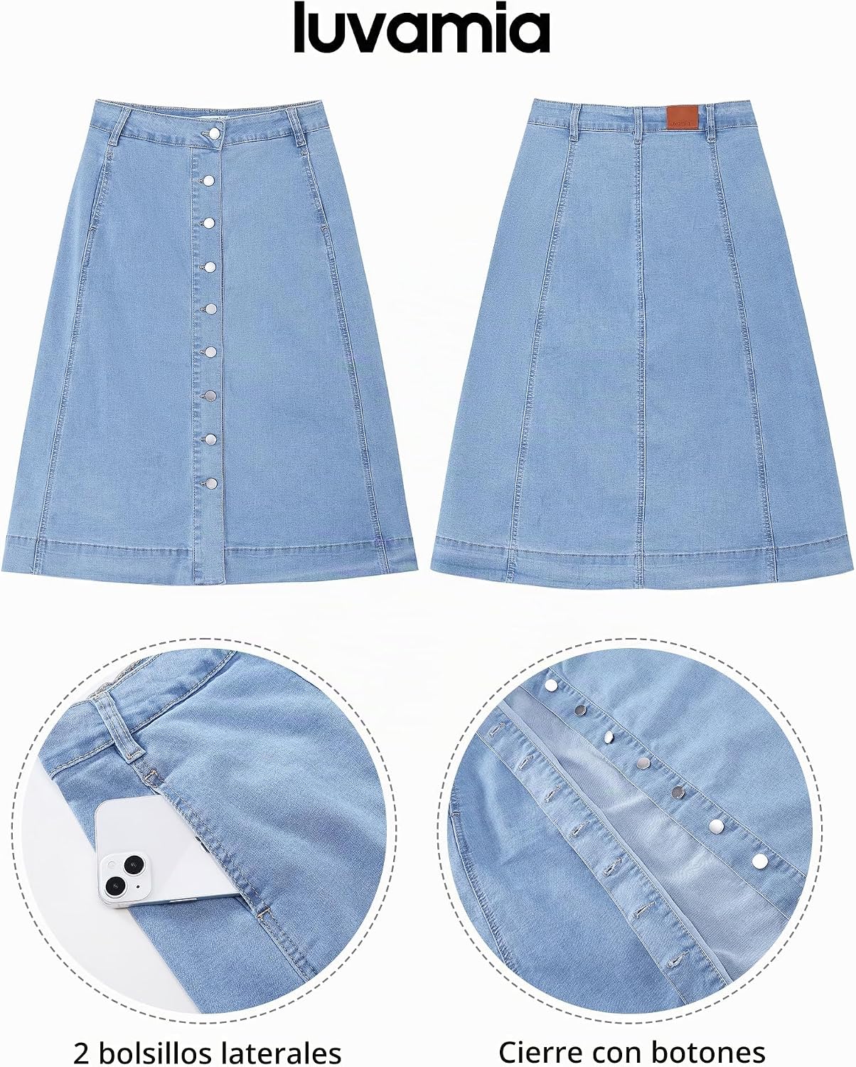 FALDA JEAN LUVAMIA MIDI A-LINE BOTONES CINTURA ALTA - 4