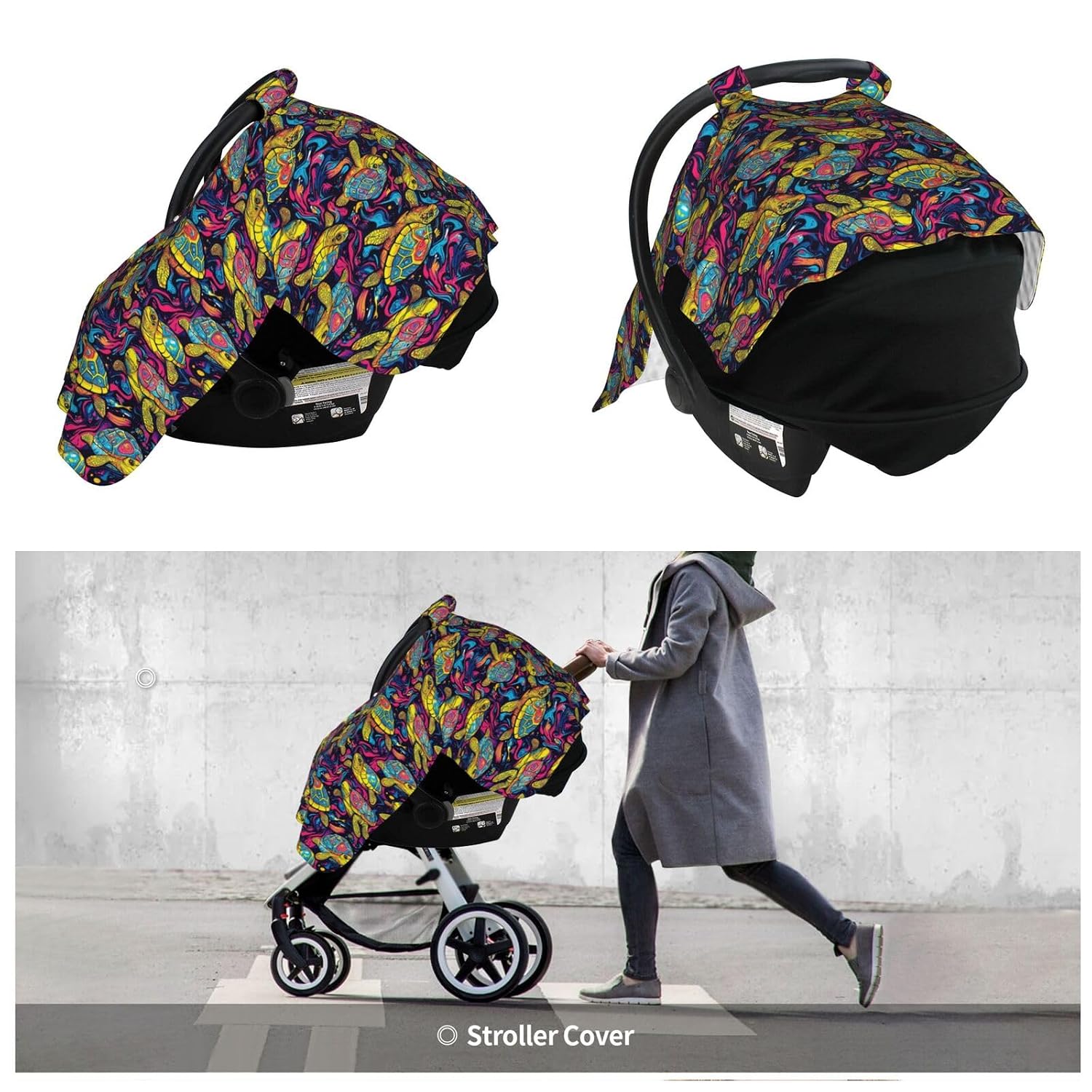 CUBRE COCHE PARA BEBÉ MUISHI PSYCHEDELIC TURTLES DOBLE CAPA - 4