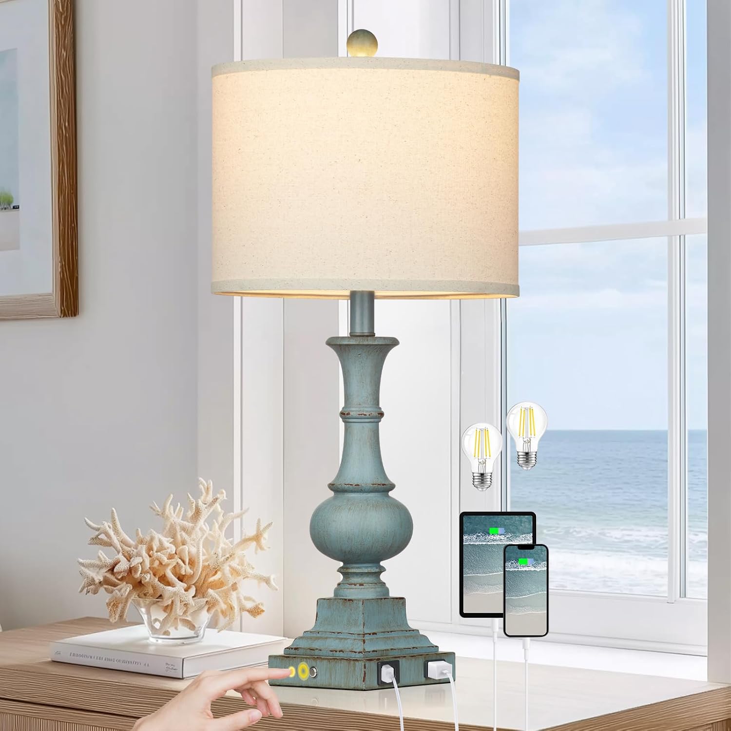 LÁMPARA DE MESA LOLIKIT COASTAL FARMHOUSE 26 PULGADAS AZUL CON PUERTOS USB Y CONTROL TÁCTIL - 1