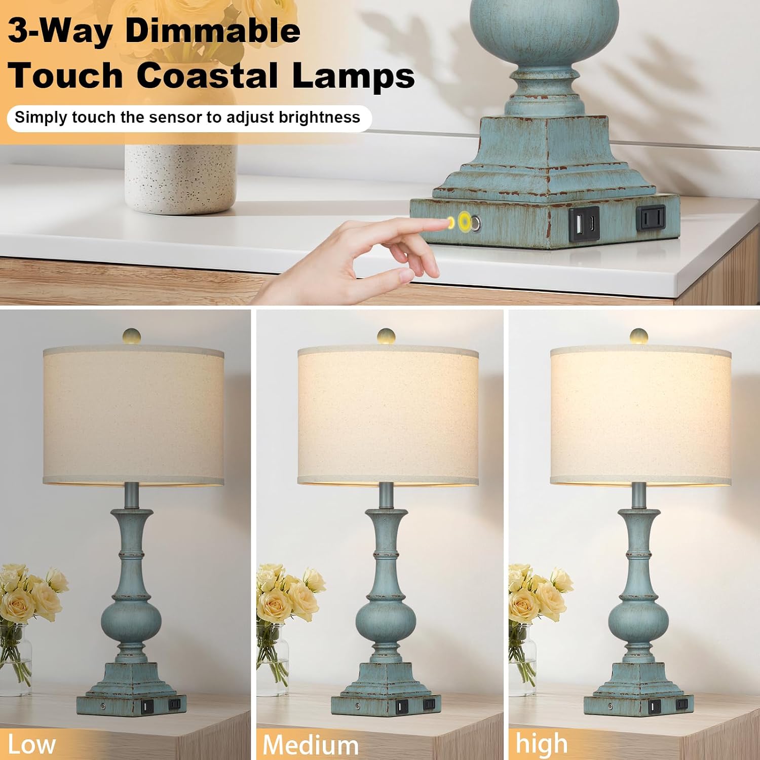 LÁMPARA DE MESA LOLIKIT COASTAL FARMHOUSE 26 PULGADAS AZUL CON PUERTOS USB Y CONTROL TÁCTIL - 3