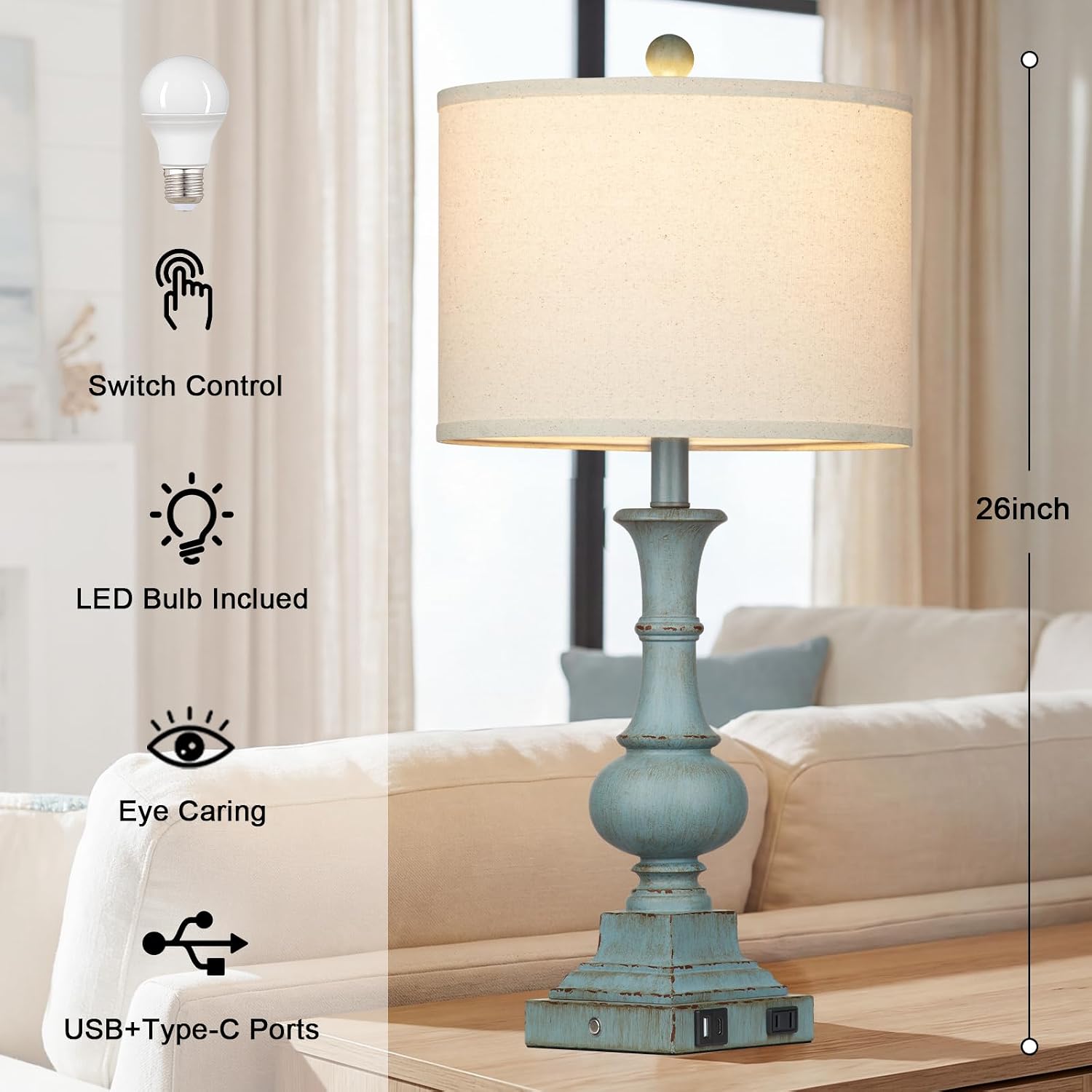LÁMPARA DE MESA LOLIKIT COASTAL FARMHOUSE 26 PULGADAS AZUL CON PUERTOS USB Y CONTROL TÁCTIL - 5