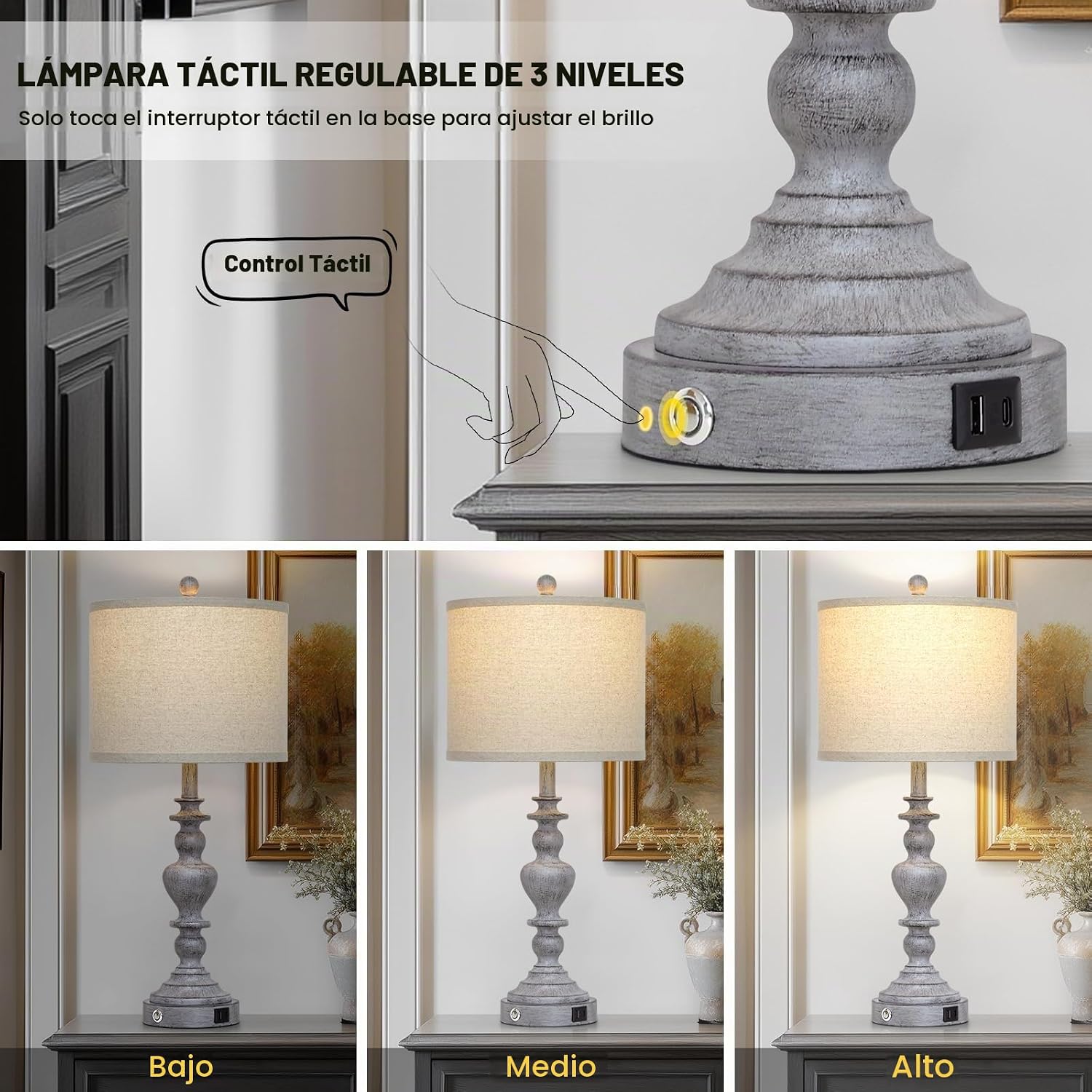 LÁMPARA DE MESA LOLIKIT 68 CM GRIS CON CONTROL TÁCTIL, PUERTOS USB Y TOMA AC, SET DE 2 - 4