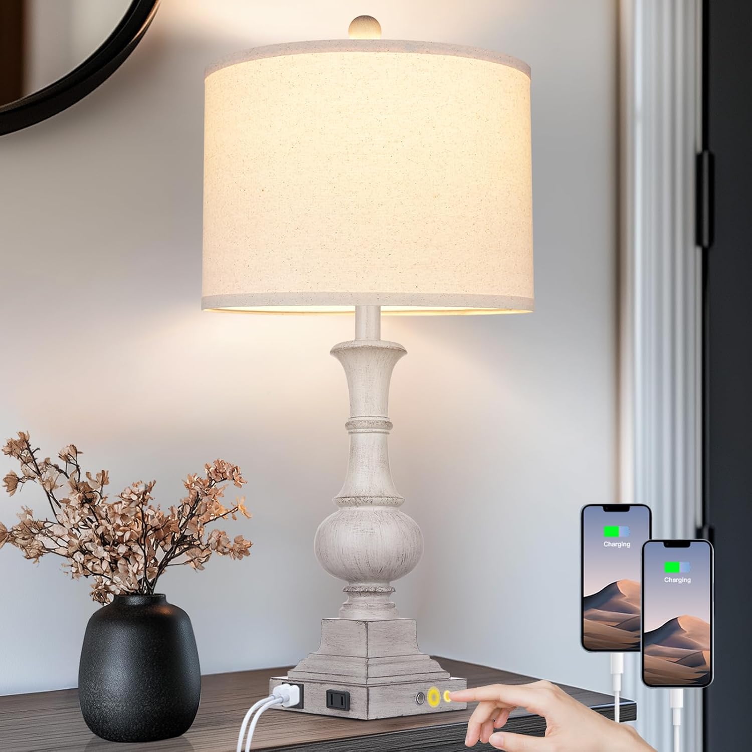 LÁMPARA DE MESA FARMHOUSE LOLIKIT 66 CM GRIS CON PUERTOS USB Y TOMACORRIENTE - 1