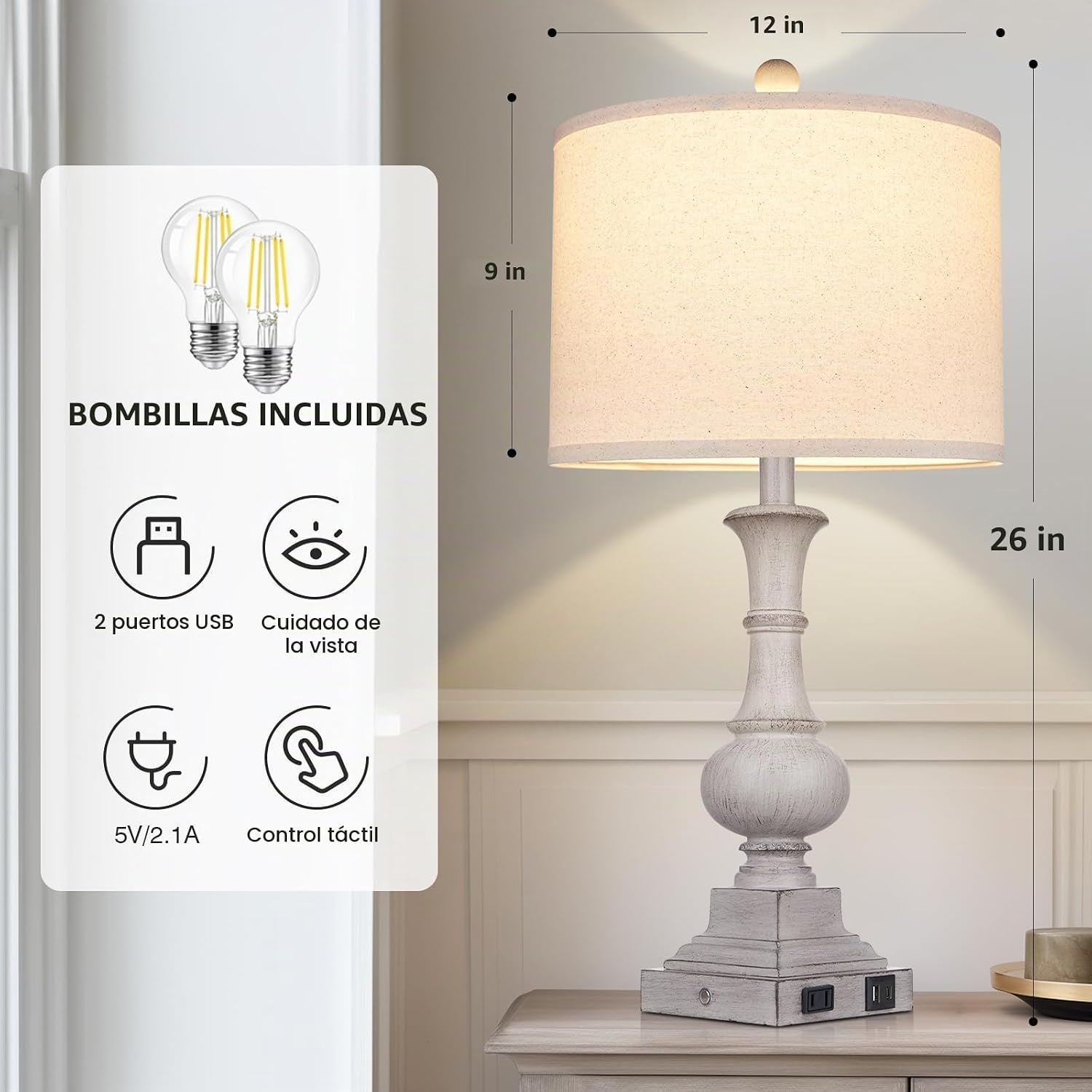 LÁMPARA DE MESA FARMHOUSE LOLIKIT 66 CM GRIS CON PUERTOS USB Y TOMACORRIENTE - 3