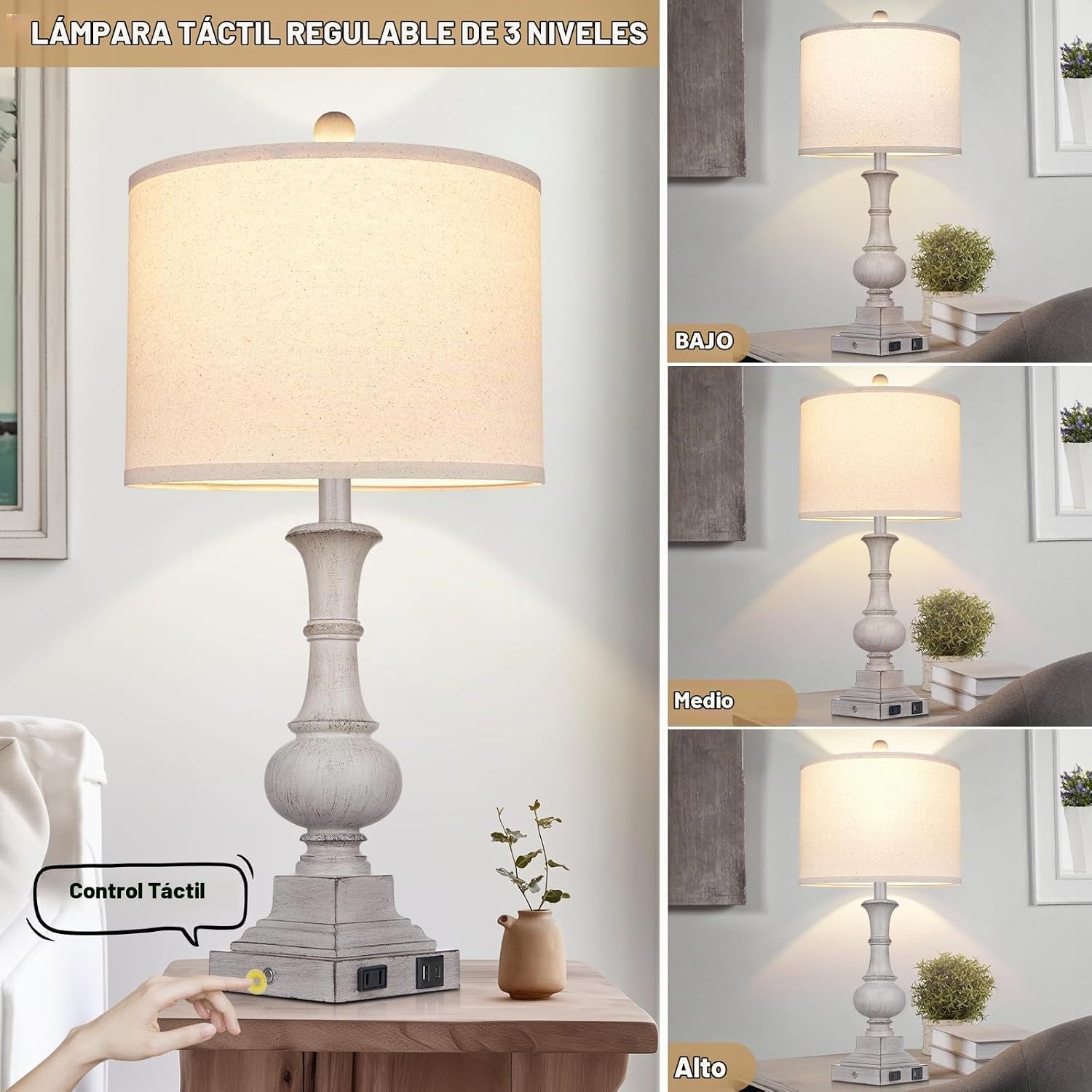 LÁMPARA DE MESA FARMHOUSE LOLIKIT 66 CM GRIS CON PUERTOS USB Y TOMACORRIENTE - 4