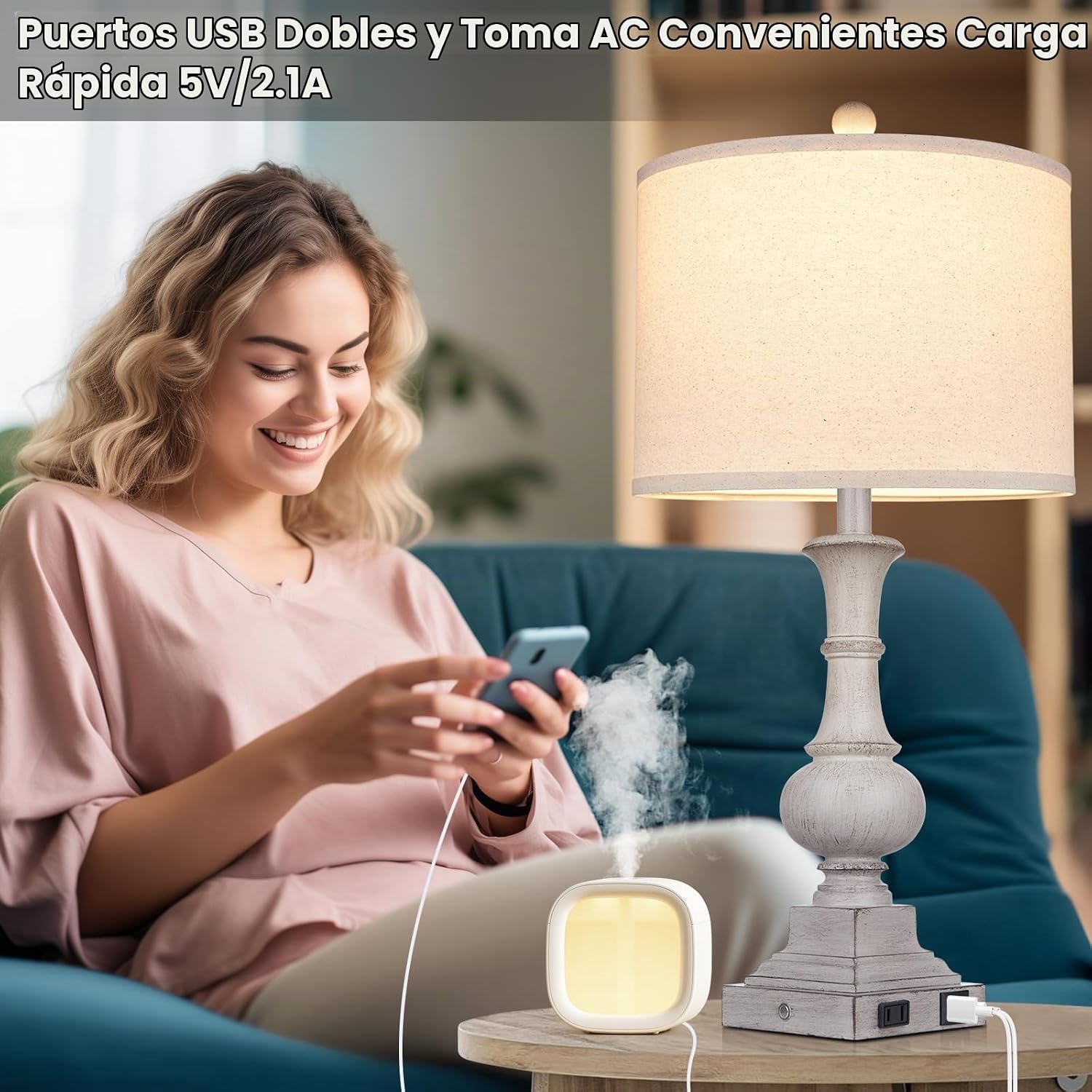 LÁMPARA DE MESA FARMHOUSE LOLIKIT 66 CM GRIS CON PUERTOS USB Y TOMACORRIENTE - 5