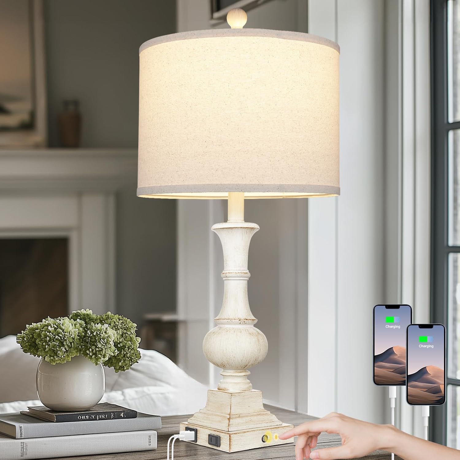 LÁMPARA DE MESA FARMHOUSE LOLIKIT 66 CM BLANCO CON PUERTOS USB Y TOMACORRIENTE - 1
