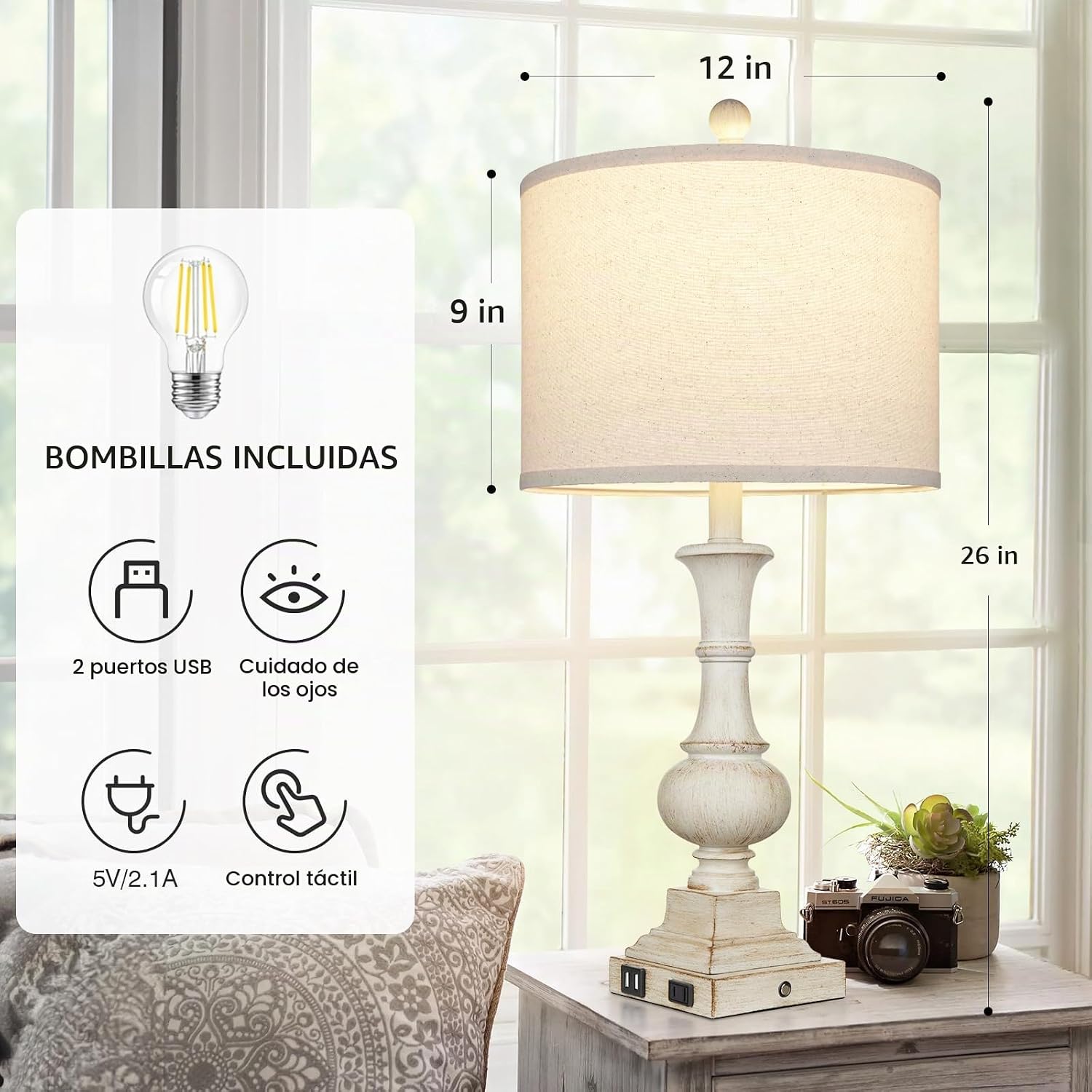 LÁMPARA DE MESA FARMHOUSE LOLIKIT 66 CM BLANCO CON PUERTOS USB Y TOMACORRIENTE - 3