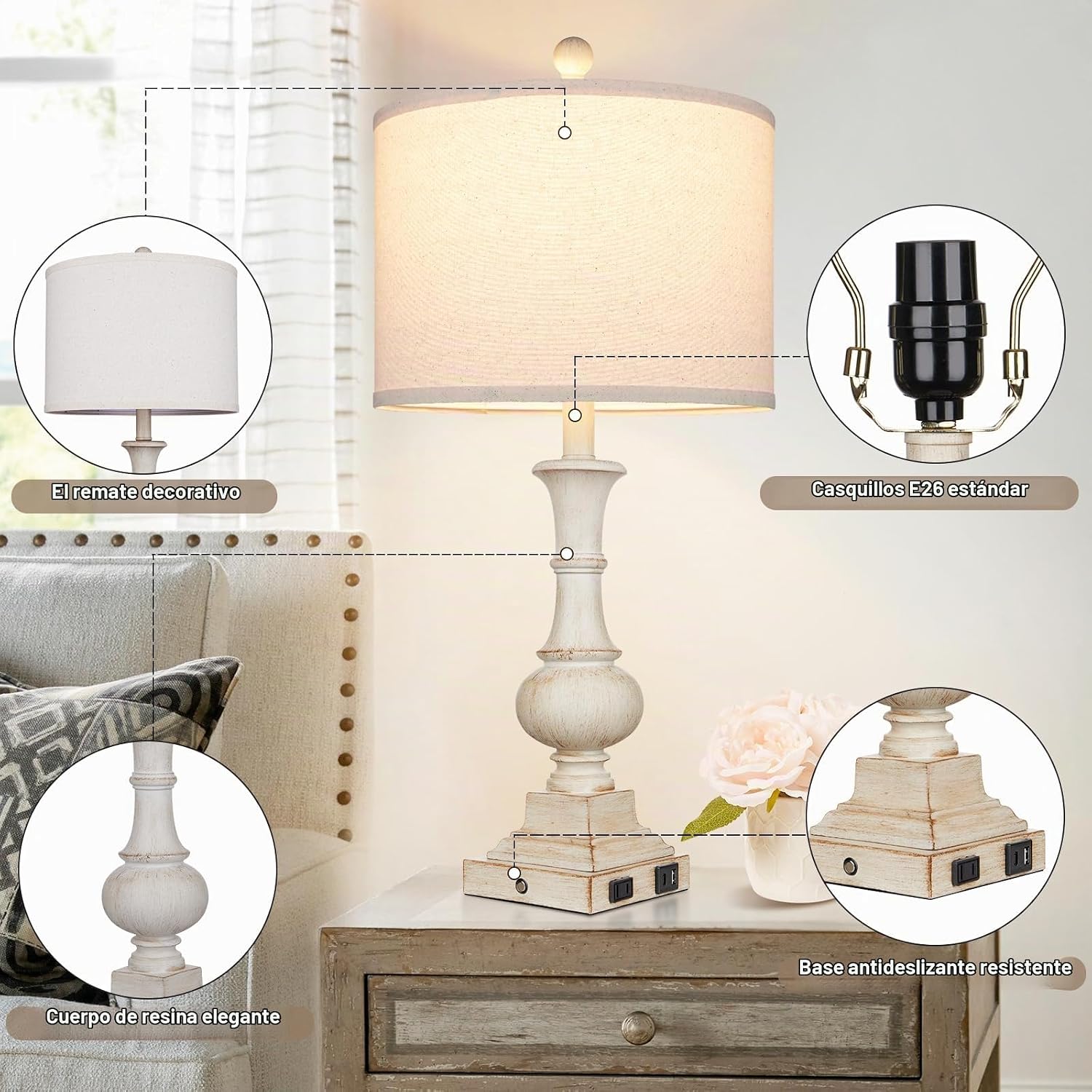 LÁMPARA DE MESA FARMHOUSE LOLIKIT 66 CM BLANCO CON PUERTOS USB Y TOMACORRIENTE - 4